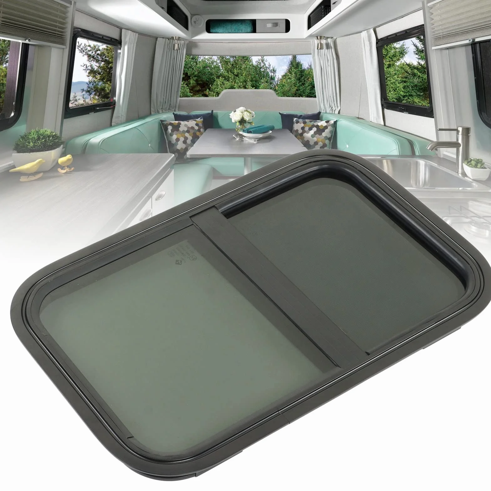 RV Window Replacement, 590x390mm Pionowe Poziome Przesuwne Przyciemniane Szkło Hartowane Okno do Przyczepy Okno do Kampera Zaokrąglone Okna Przesuwne do Pojazdów Inżynieryjnych