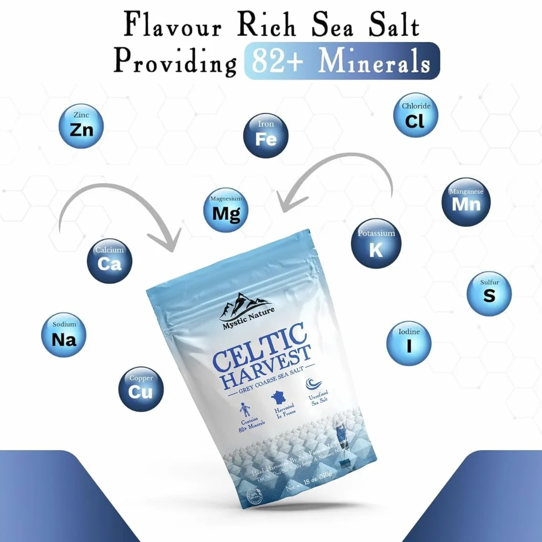 Mystic Nature Celtycka sól morska – 500 g | 100% naturalna nierafinowana sól celtycka | zbierana ręcznie przy użyciu zrównoważonych i przyjaznych dla środowiska praktyk | Zawiera 82+ minerałów | Marka