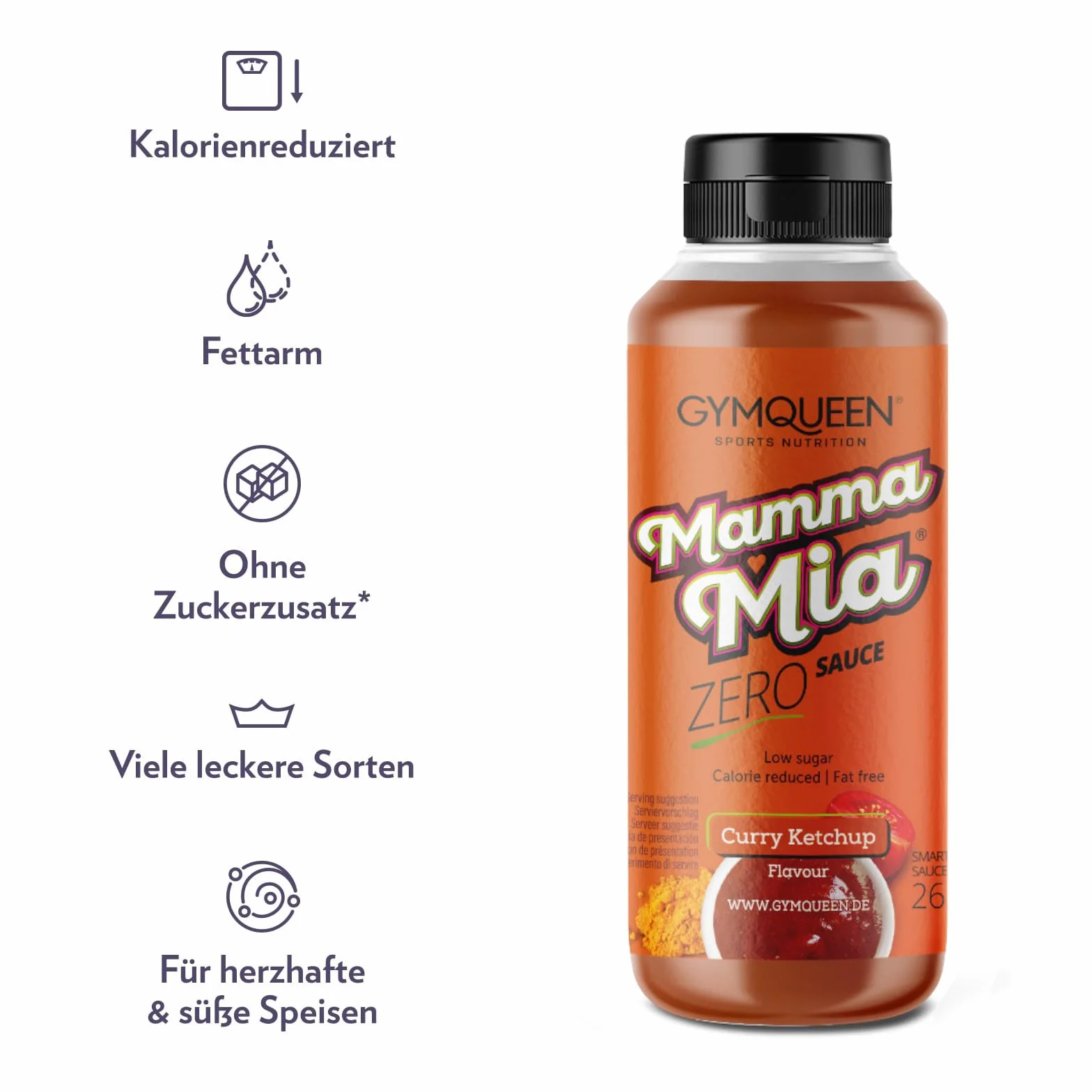 GymQueen Mamma Mia Zero Sauce Ketchup curry o niskiej zawartości kalorii, bez tłuszczu i cukru 265 ml