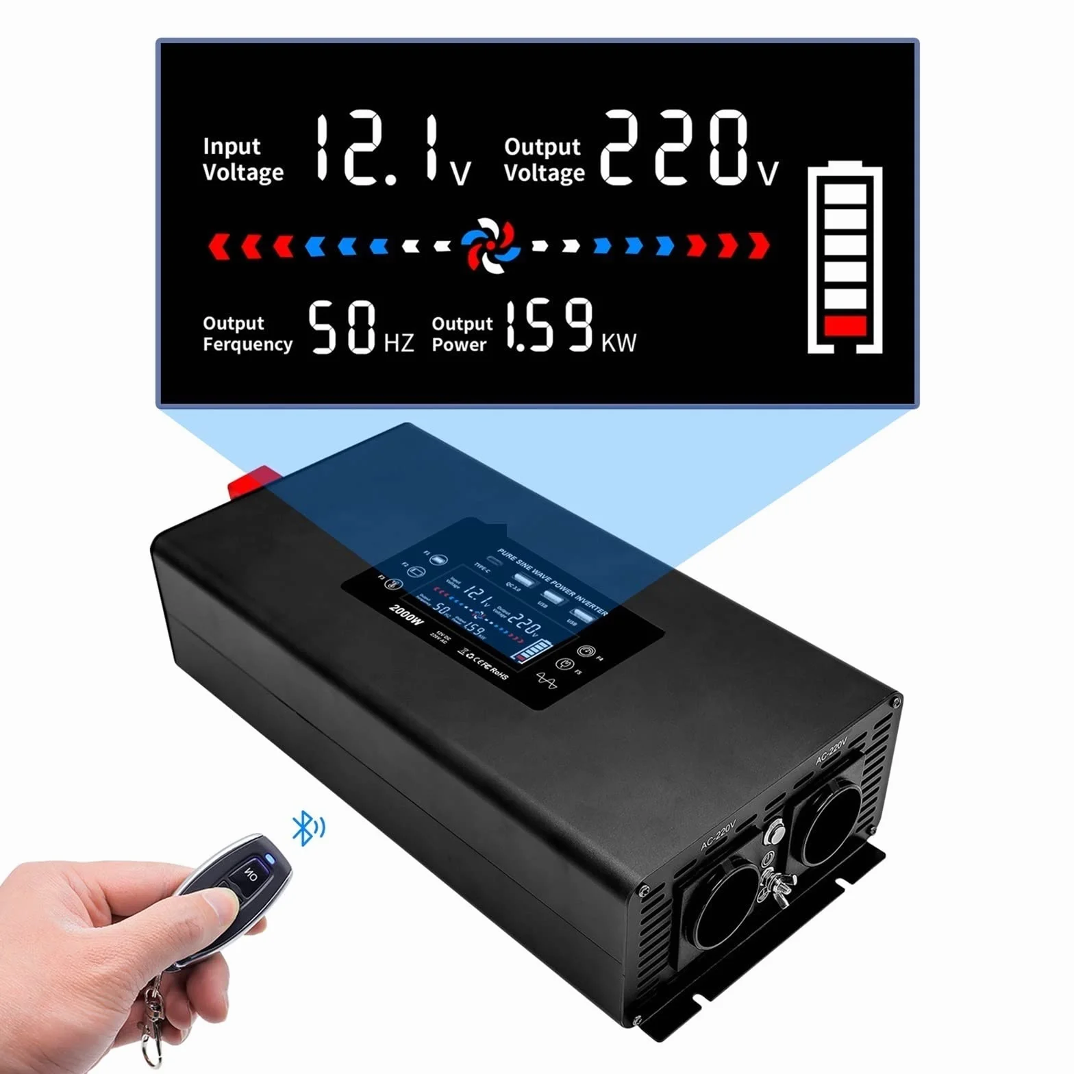Falownik, Czysta fala sinusoidalna przetwornica mocy moc szczytowa 4000W DC 12V 24V 36V 48V 60V do AC 220 230 ciągła 2000W