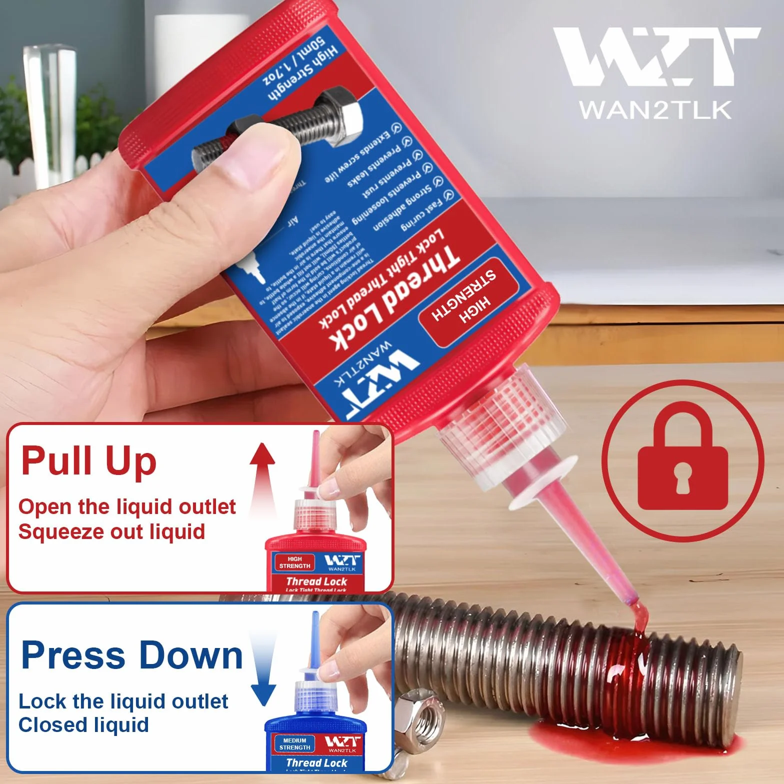 2 x 50 ml zabezpieczenie śrub, średnio-trwałe i wysokiej wytrzymałości, środek zabezpieczający śrubę Locktight do wypełniania szczelin i dokręcania śrub i nakrętek (ThreadLocker Blue and Red)