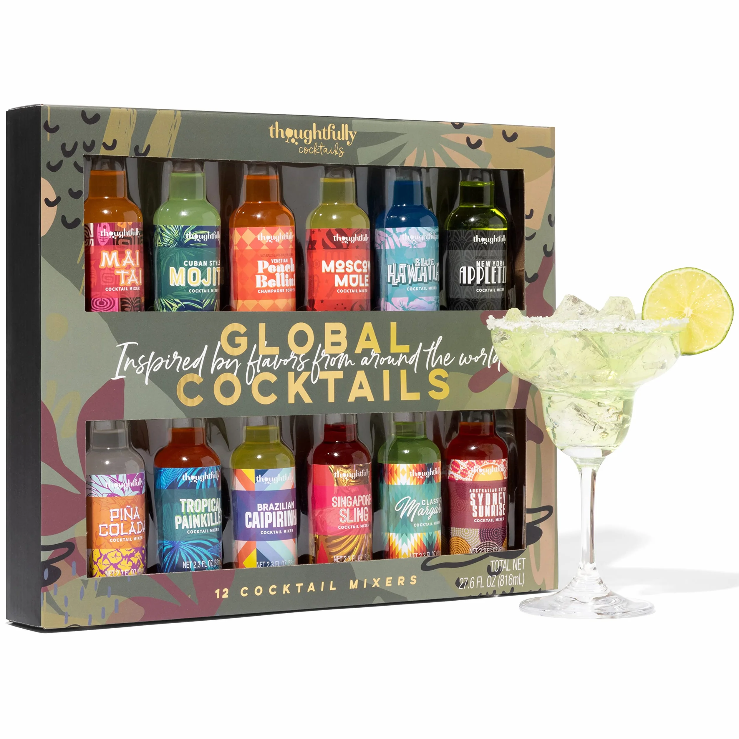 Thoughtfully Gifts Global Zestaw do koktajli, zestaw prezentowy z 12 aromatami do mieszania koktajli (bez alkoholu), 12 x 70 ml