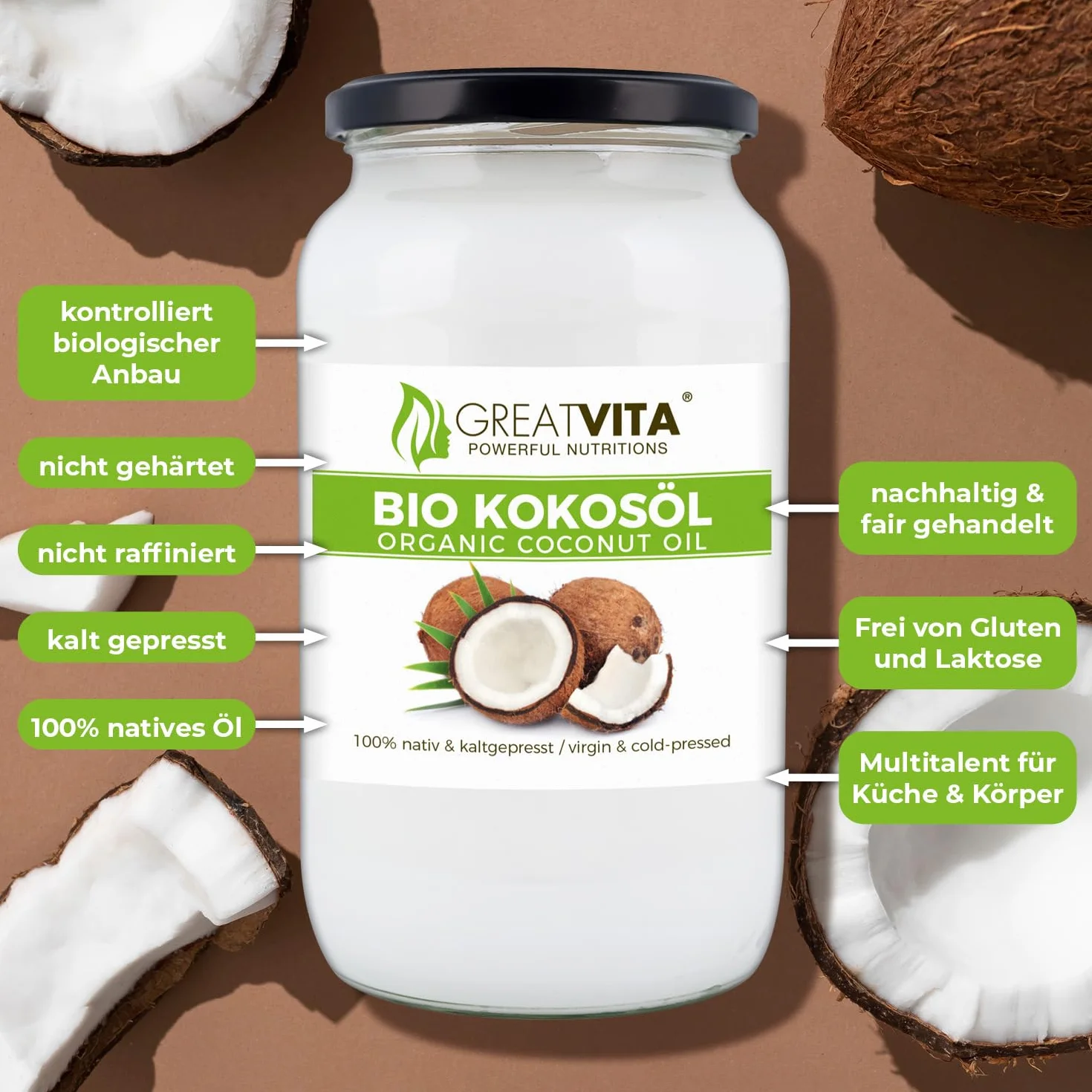 MeaVita Bio olej kokosowy, natywny, 2 sztuki (2 x 1000 ml)