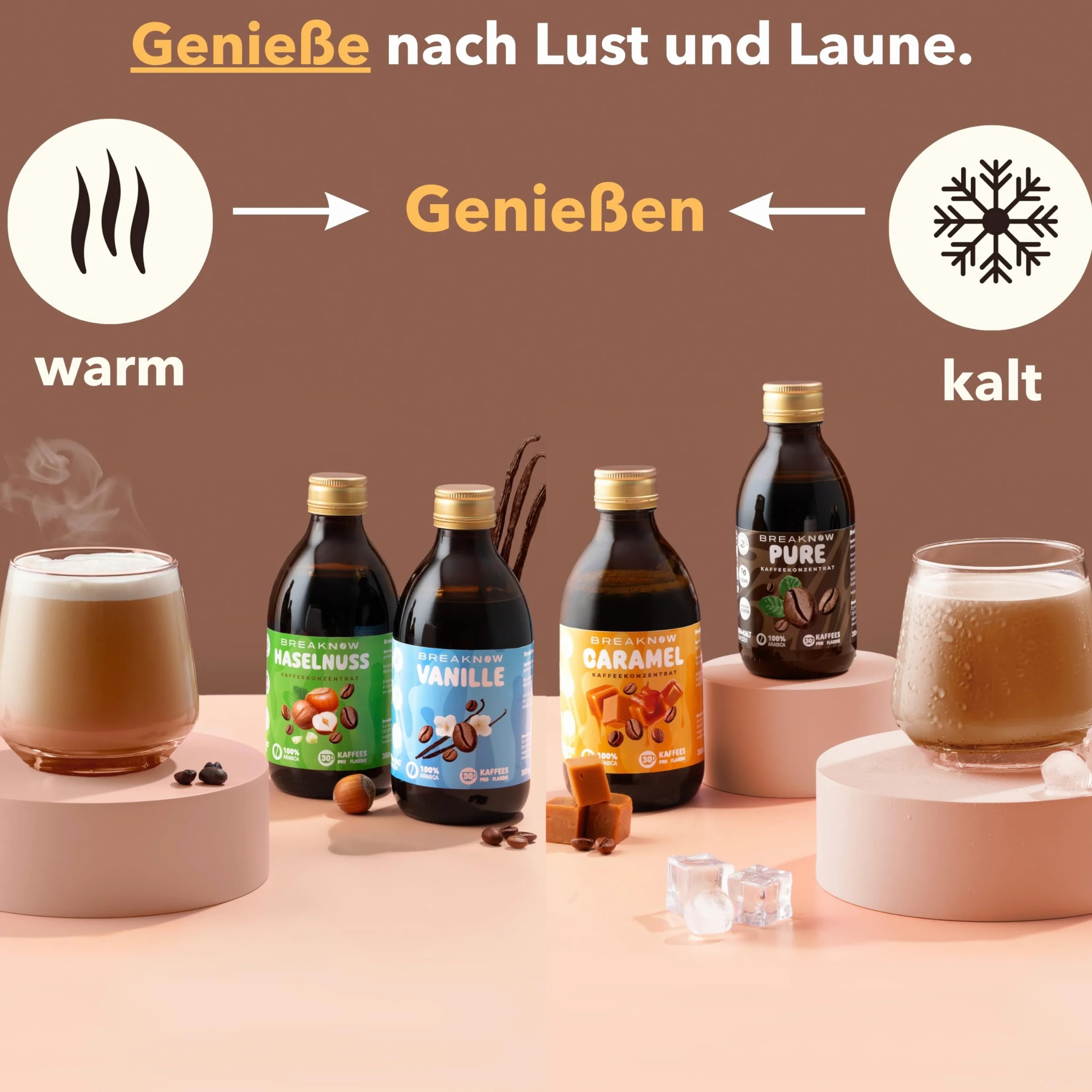 BreakNow – Caramel Macchiato – koncentrat kawy – o pysznym karmelowym aromacie – syrop kawowy, do kawy mrożonej, Cold Brew, Cappuccino, Frappé itd. – kawa gotowa w zaledwie 10 sekund – 1 butelka = 30
