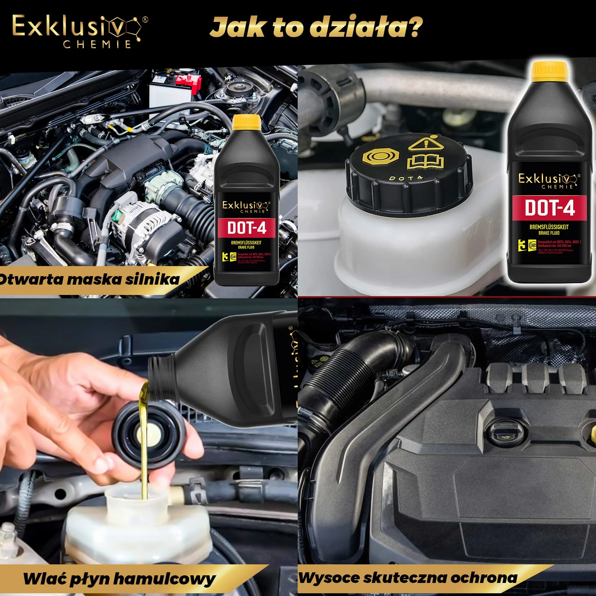 Exklusiv Chemie® Płyn hamulcowy DOT-4 | Do układów hamulcowych z ABS, TCS i ESP/DSC | Markowy płyn hamulcowy wysokiej jakości | Zoptymalizowana skuteczność hamulców | 1000ml