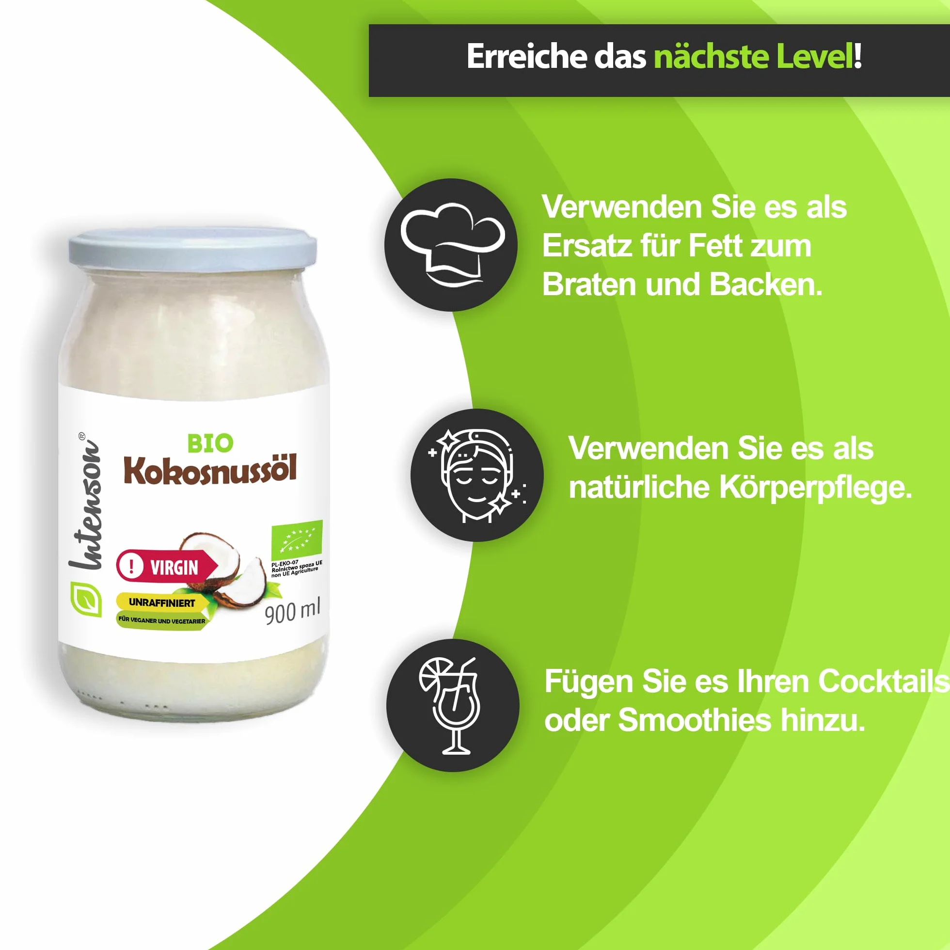 Intenson Organiczny Olej Kokosowy z pierwszego tłoczenia 900 ml Tłoczony na zimno Nierafinowany Wegański