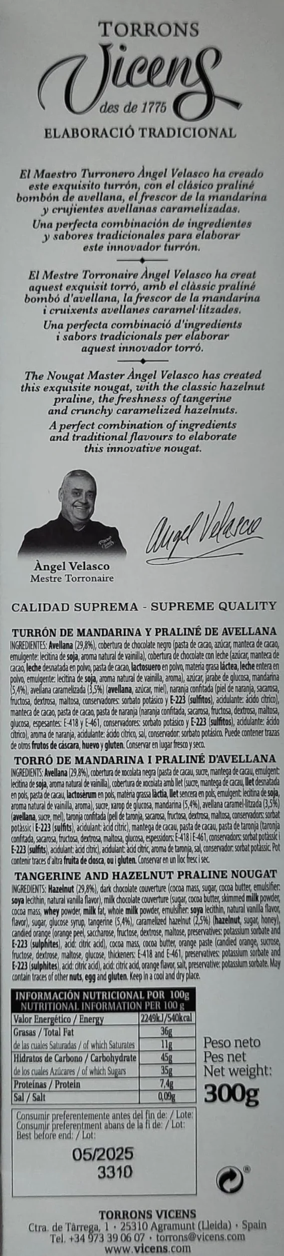 Vicens Agramunt's Torrons - Albert Adrià Natura Collection - mandarynkowy nugat z orzechem laskowym - 300 g (1 sztuka)