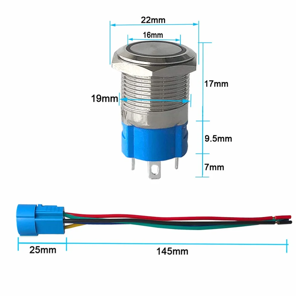 3 szt. premium 12 V/24 V 5 A chwilowy przełącznik przyciskowy, 19 mm przełącznik rozruchowy do samochodu, niebieskie światło LED ze stali nierdzewnej IP67 wodoodporny przełącznik z przewodem wtykowym