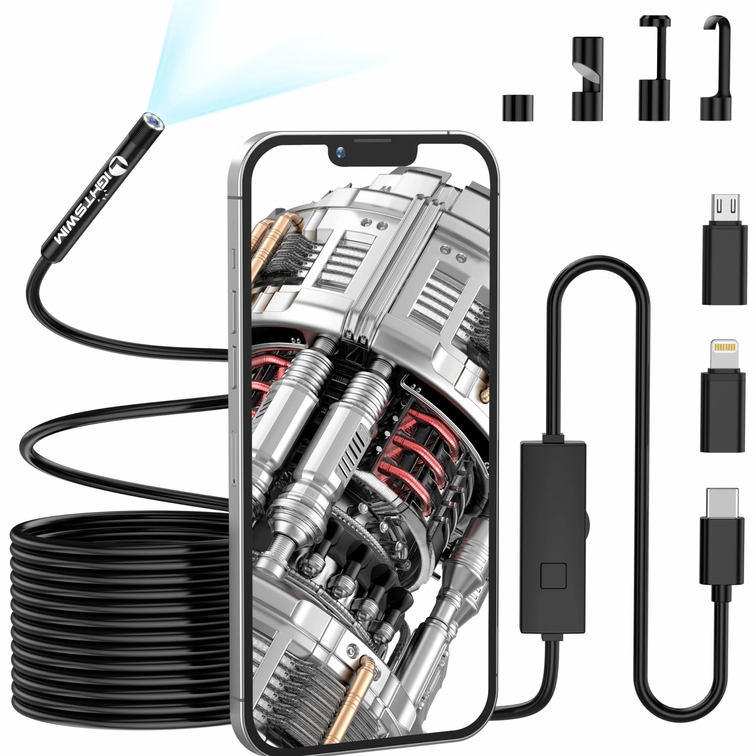 5,5 mm 1920P endoskopowa kamera inspekcyjna węża, boroskop Lightswim typu C, kamera z 8 diodami LED do smartfonów z systemem Android i iOS, iPhone'a, iPada, Samsunga (5 m)