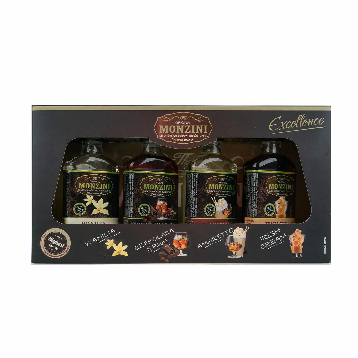 Zestaw syropów do kawy 4 x 50 ml: amaretto, czekolada z rumem, irish cream, wanilia