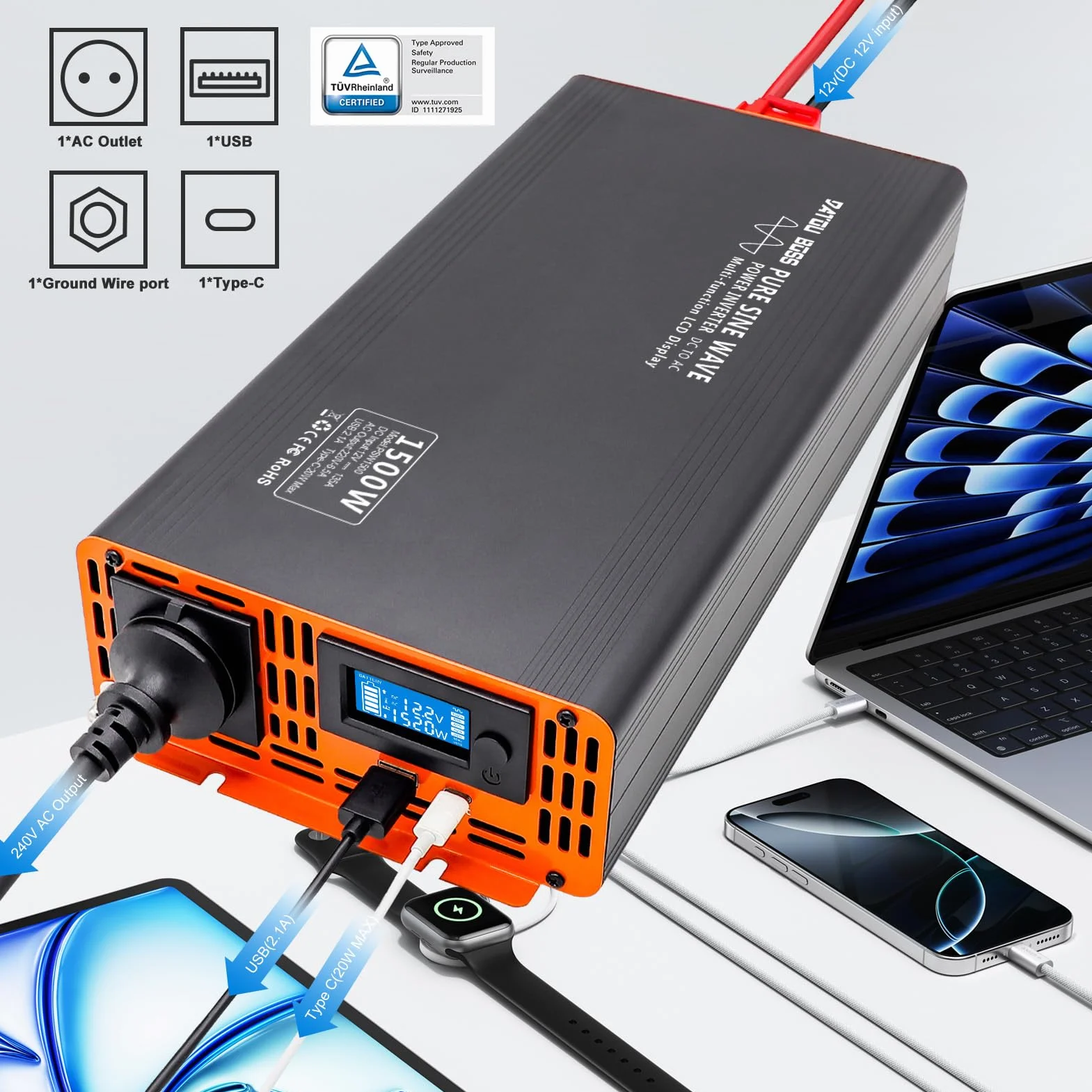 DATOUBOSS Falownik Czysty Sinus 1500W DC 12V na AC 230V Przetwornica Napięcia, z ekranem LCD & Pilotem Zdalnego Sterowania USB & Type-c pilot &1 x Gniazda AC do Przyczep Kempingowych