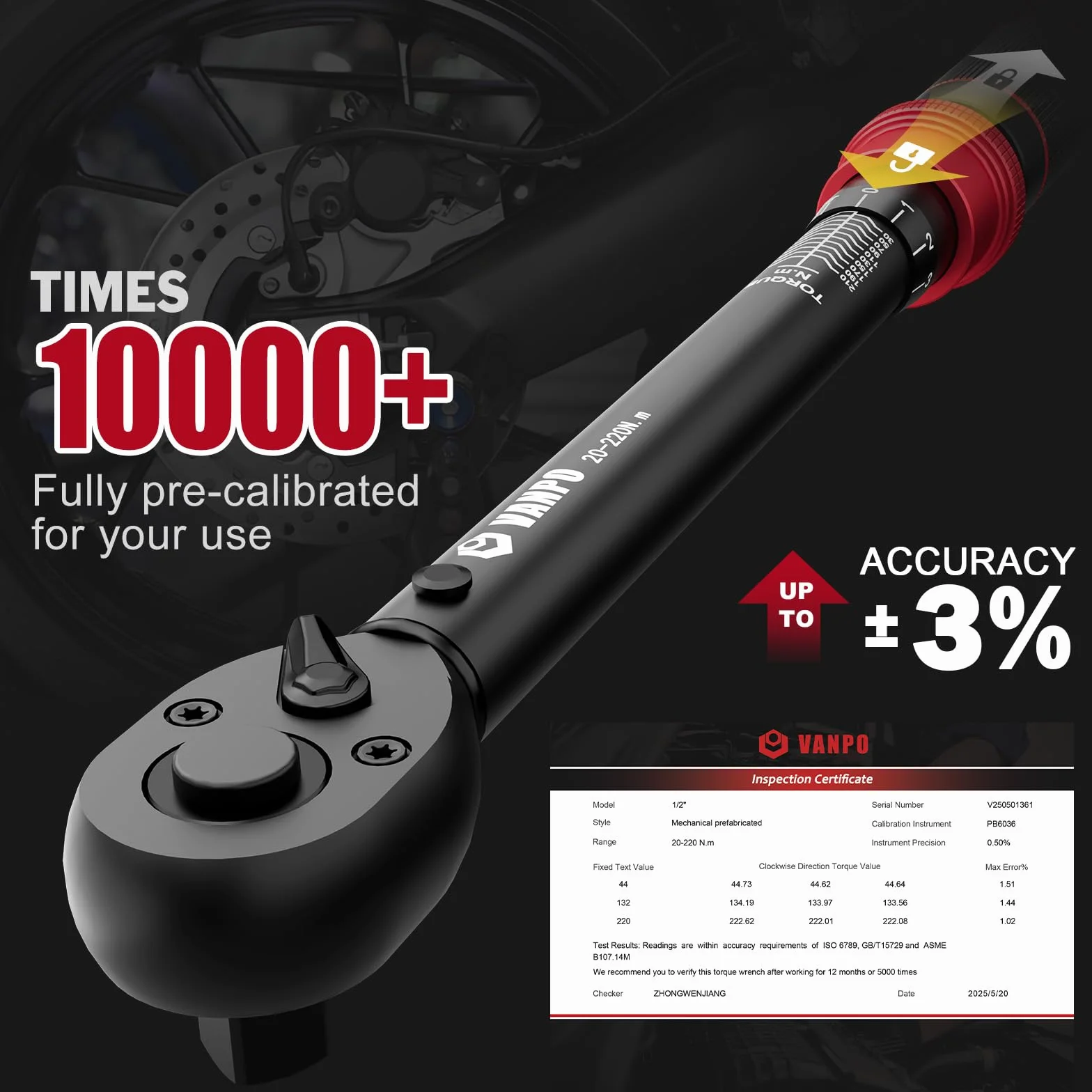 VANPO Klucz dynamometryczny 1/2" 20-220 Nm 7-częściowy zestaw