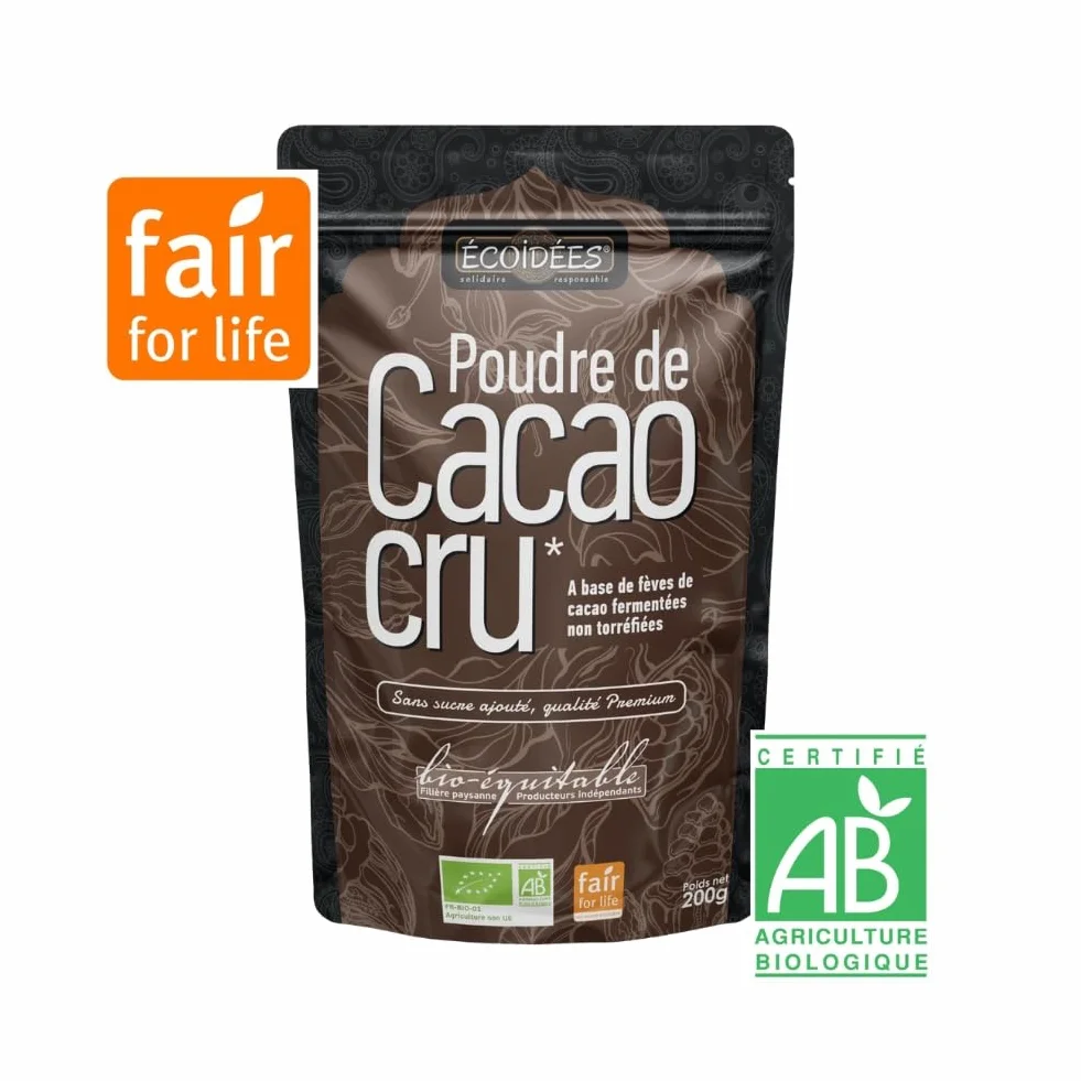 Kakao w proszku organicznym - surowy kakao w proszku - bez cukru - jakość premium | 200 g | Ecoidées