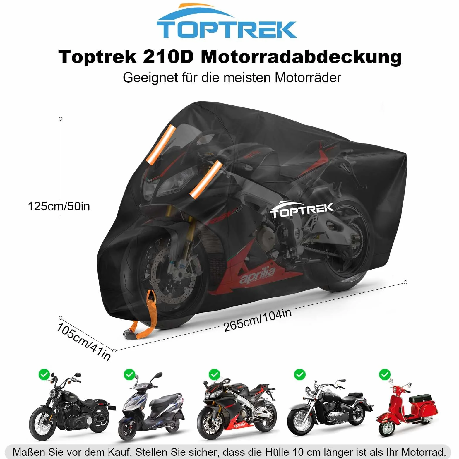 toptrek Pokrowiec na motocykl 210D Oxford wodoszczelny oddychający 265x105x125 cm