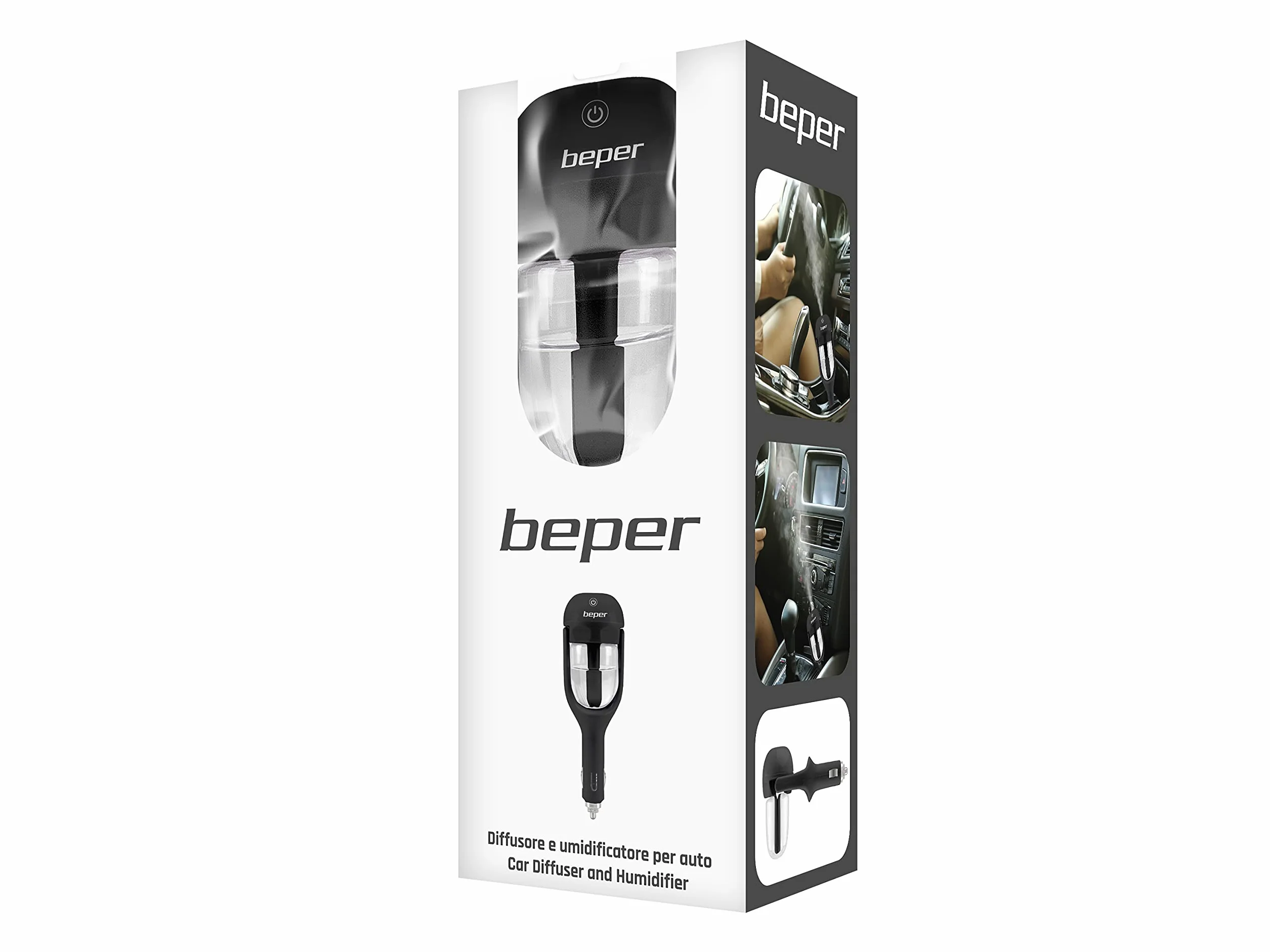 BEPER P205DIF100 dyfuzor zapachowy/nawilżacz powietrza, 25 ml, 1,5-2 W, możliwość pochylenia do 180°, system zapobiegający kapaniu, przycisk dotykowy, rozpylanie ciągłe lub przerywane, wtyczka 12 V,