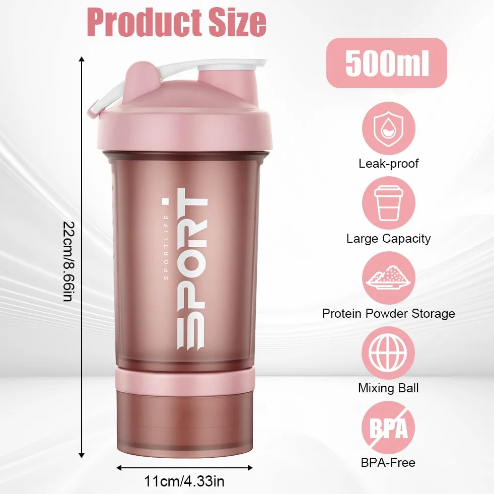 Shaker proteinowy, 2 sztuki po 500ml, butelka shakera proteinowego, shaker fitness z 2 kulkami miksującymi ze stali nierdzewnej, bez BPA ze skalą pomiarową do proszku proteinowego, koktajlu