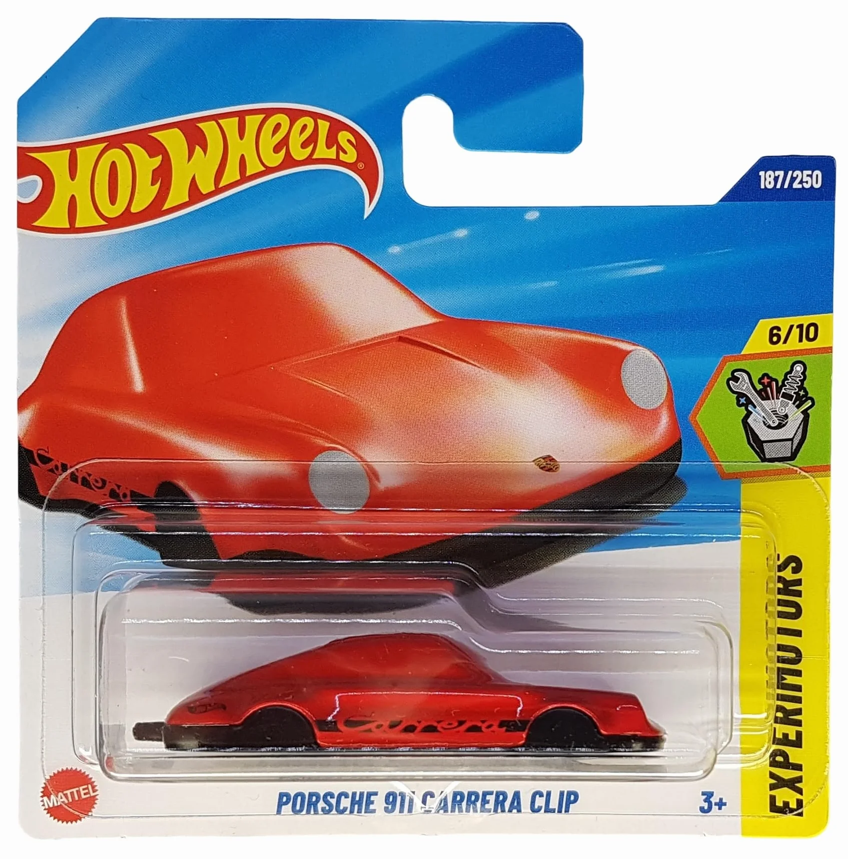 Hot Wheels Porsche 911 Carrera Clip JBB12 Experimotors 6/10 Short Card czerwony breloczek do kluczy Porsche licencja Mattel 2025 1:64