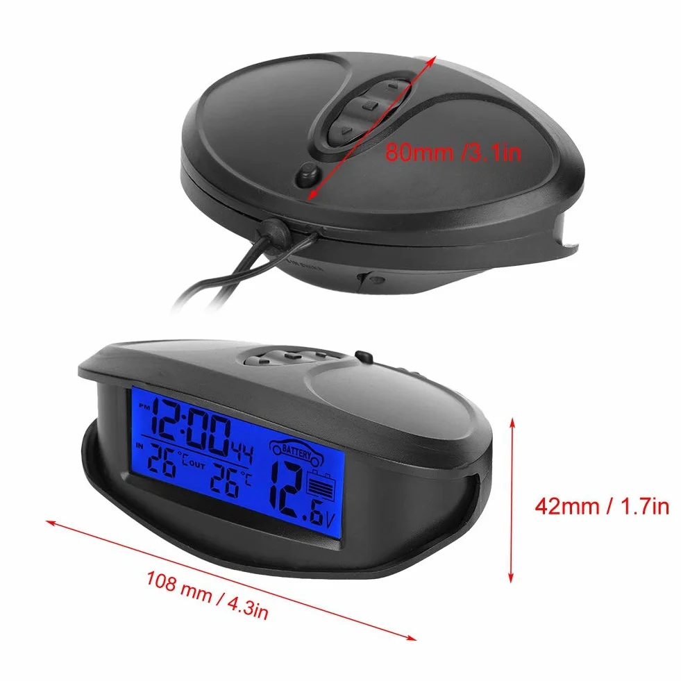Thermometer, EC98 cyfrowy LED samochodowy termometr samochodowy woltomierz miernik napięcia tester z funkcją czasu