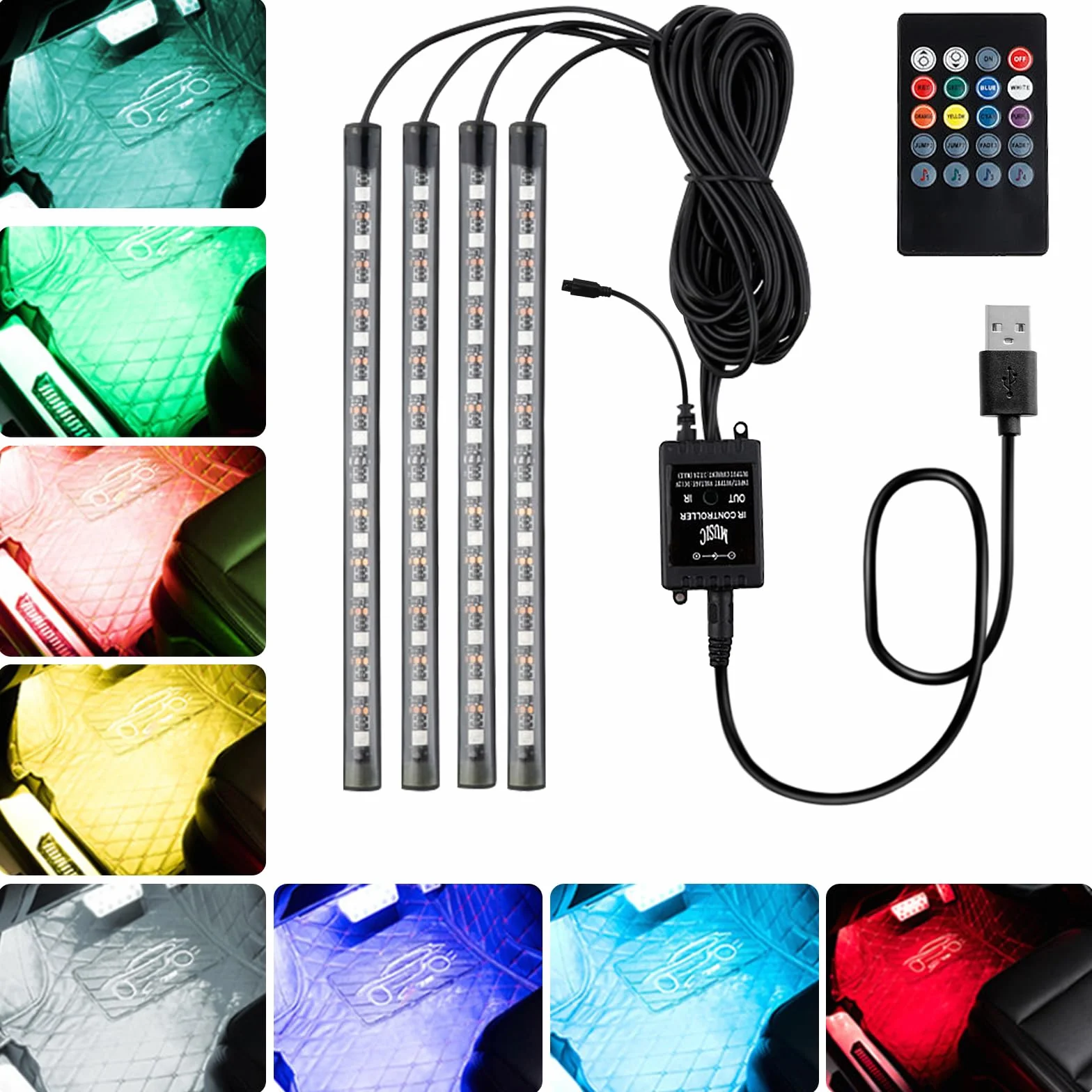 Oświetlenie wewnętrzne LED do samochodu, 48 diod LED, listwa świetlna z portem USB i pilotem na podczerwień