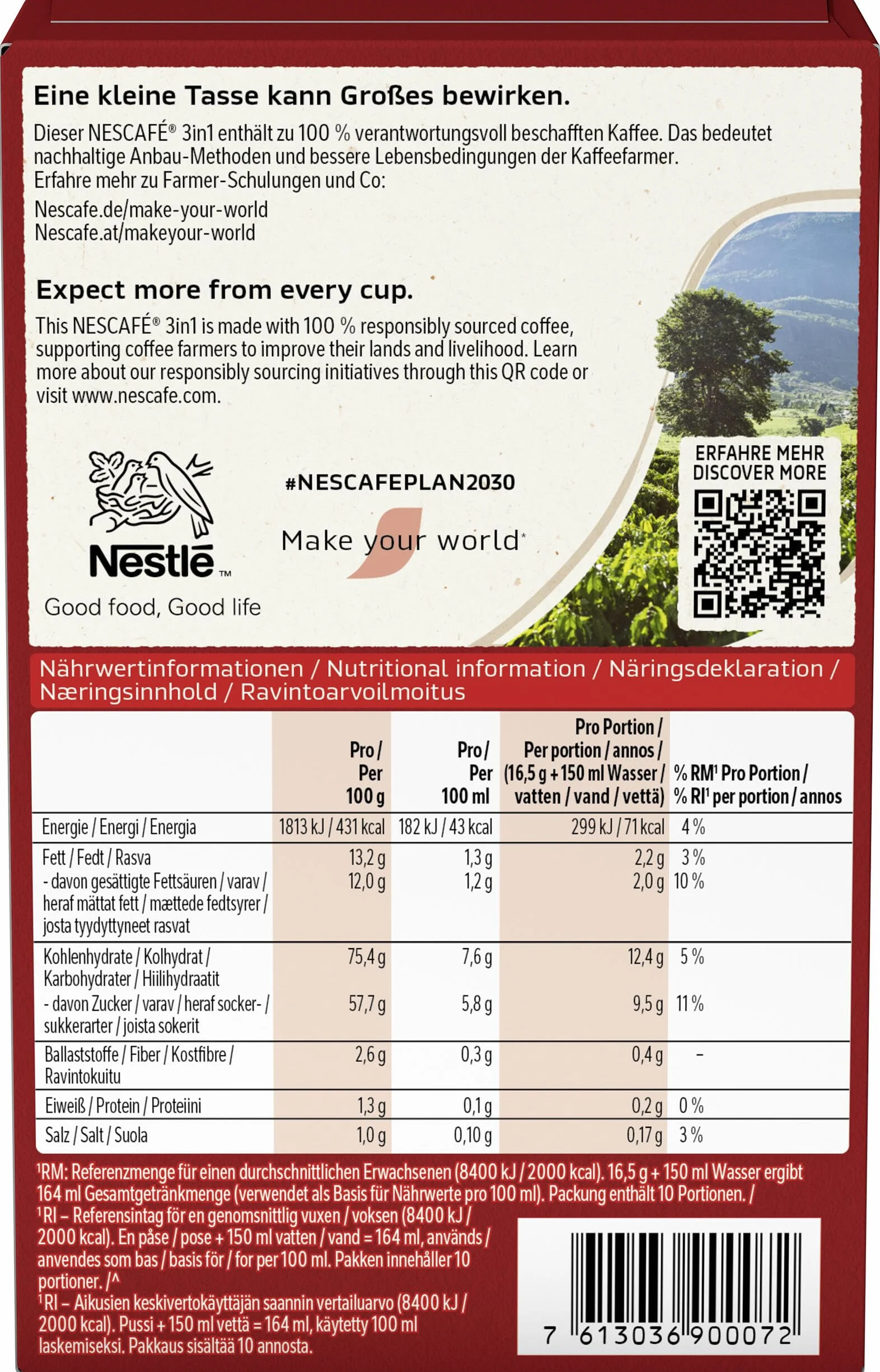 NESCAFÉ 3 w 1 pałeczki do napojów w proszku, rozpuszczalna kawa ziarnista z kremem i cukrem, kawa rozpuszczalna z wyszukanych ziaren kawy, zawierająca kofeinę, 8 sztuk (8 x 10 pałeczek po 16,5 g)