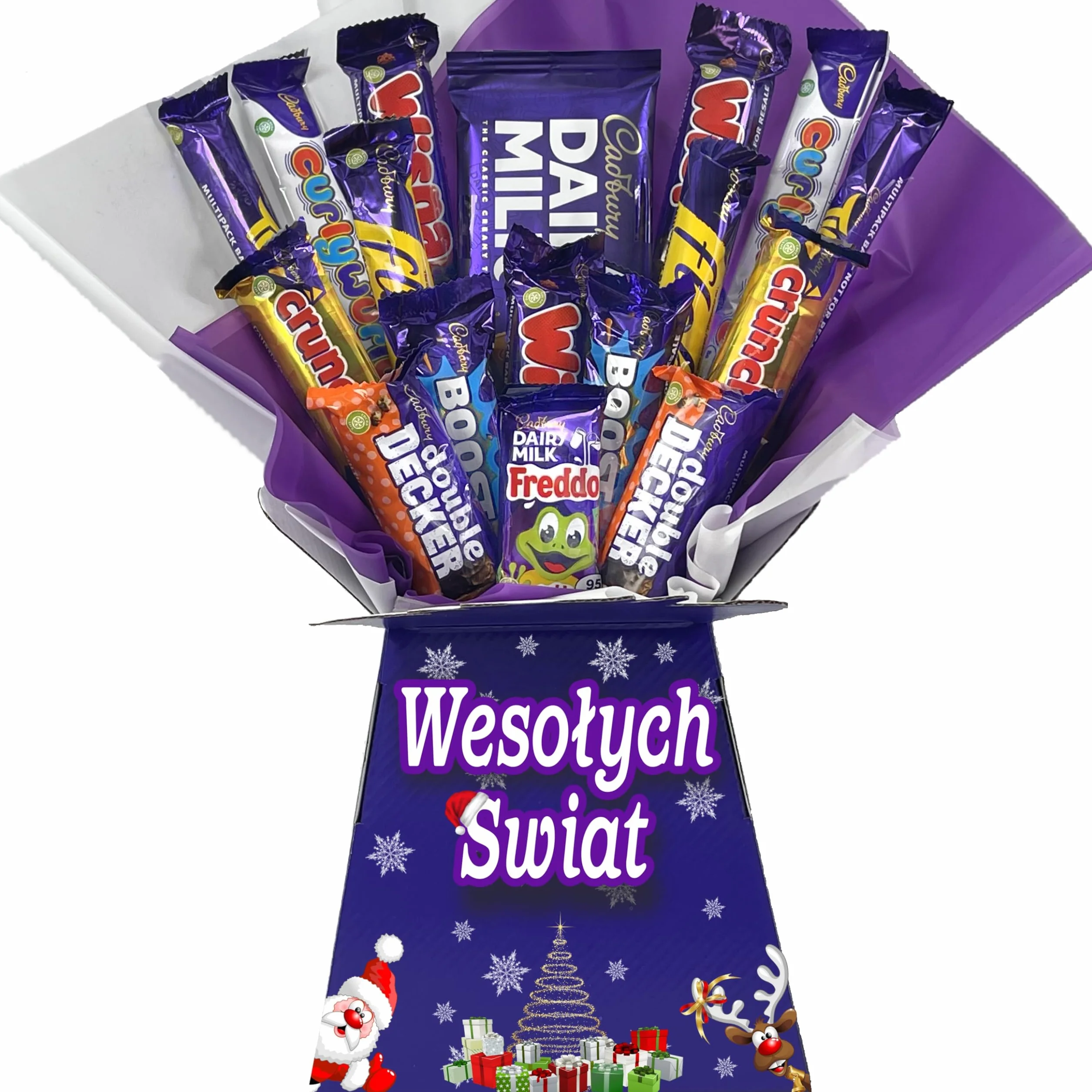 Spersonalizowany świąteczny kosz prezentowy z bukietem czekoladek (zawiera CADBURY MIX)