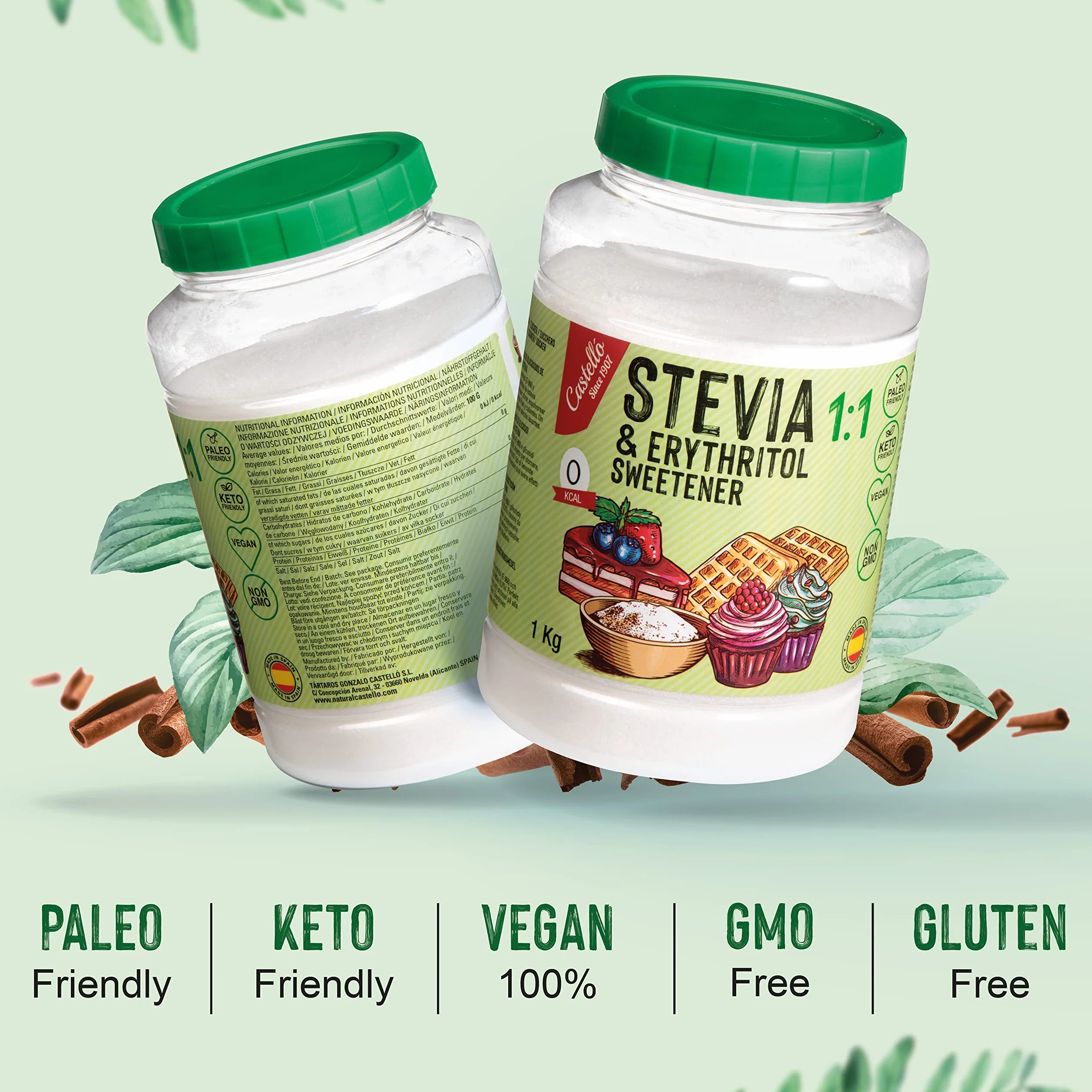 Słodzik Stevia + Erytrytol 1:1 | 1g = 1g cukru | Słodzik o 100% naturalnym smaku - 0 Kalorii - 0 Indeks Glikemiczny - Keto i Paleo - 0 Węglowodanów Netto - Bez GMO - Castello since 1907-1 kg