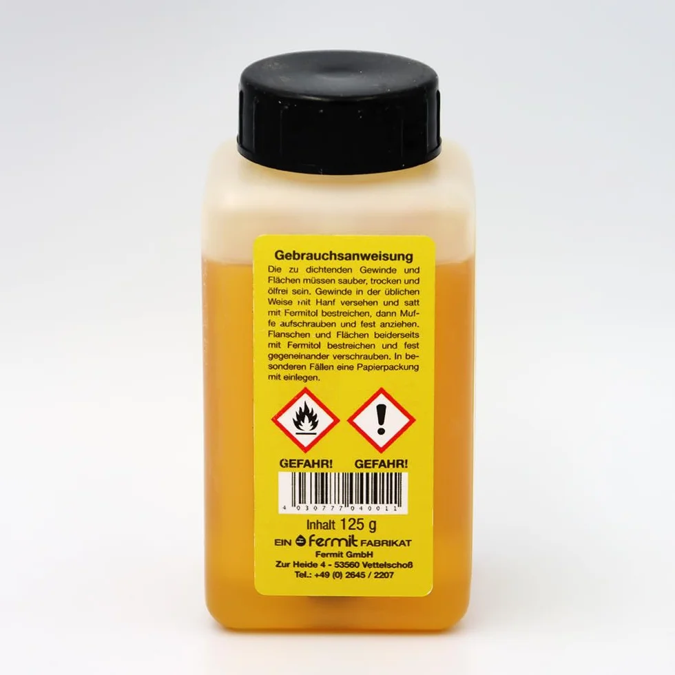 Fermit Fermitol 125 g butelka, płynny klej z żywicy syntetycznej, masa klejąca, masa uszczelniająca, uszczelnianie gwintów, odporny na olej, benzynę, tłuszcze i alkohol