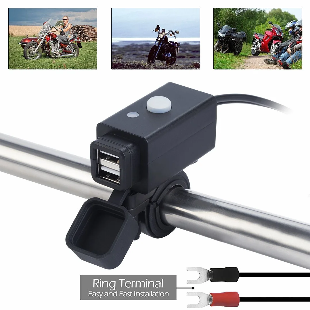 iMESTOU motocyklowa ładowarka USB, 5 V, 2,1 A, wodoszczelna, z podwójnym USB i przełącznikiem, zabezpieczona praca z pojazdami 12 V/24 V