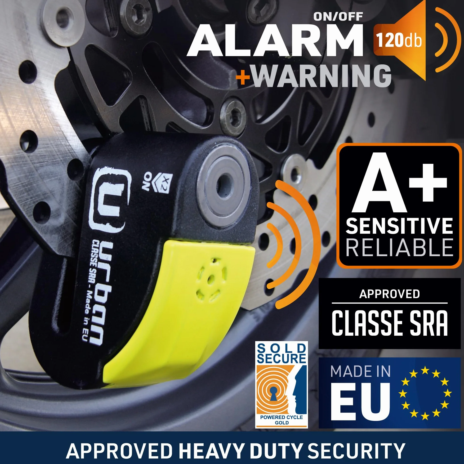 Urban UR10 Blokada Dysku Alarmowego Anti-Theft Disc Lock z alarmem 120 dB + ostrzeżenie, certyfikat High Security CLASSE SRA, wałek 10 mm, wyprodukowano w UE