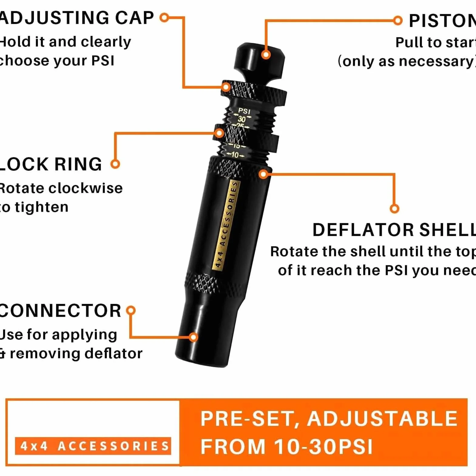 Rapid deflator do opon, akcesoria offroadowe, regulowany deflator powietrza do opon, 4-cz? ?ciowy zestaw Auto Stop-4 Spin- (10-30 PSI) , Rapid do samochodów ci? ?arowych, pickup, offroad