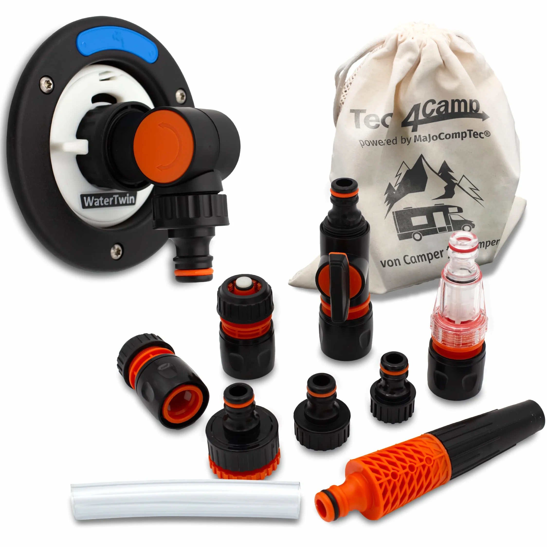 MaJoCompTec® WATERTWIN adapter do zbiornika na wodę | kompatybilny z Gardena | zawór odcinający filtru wody z przyłączem do kranu | akcesoria do króćca napełniania zbiornika na wodę do samochodów
