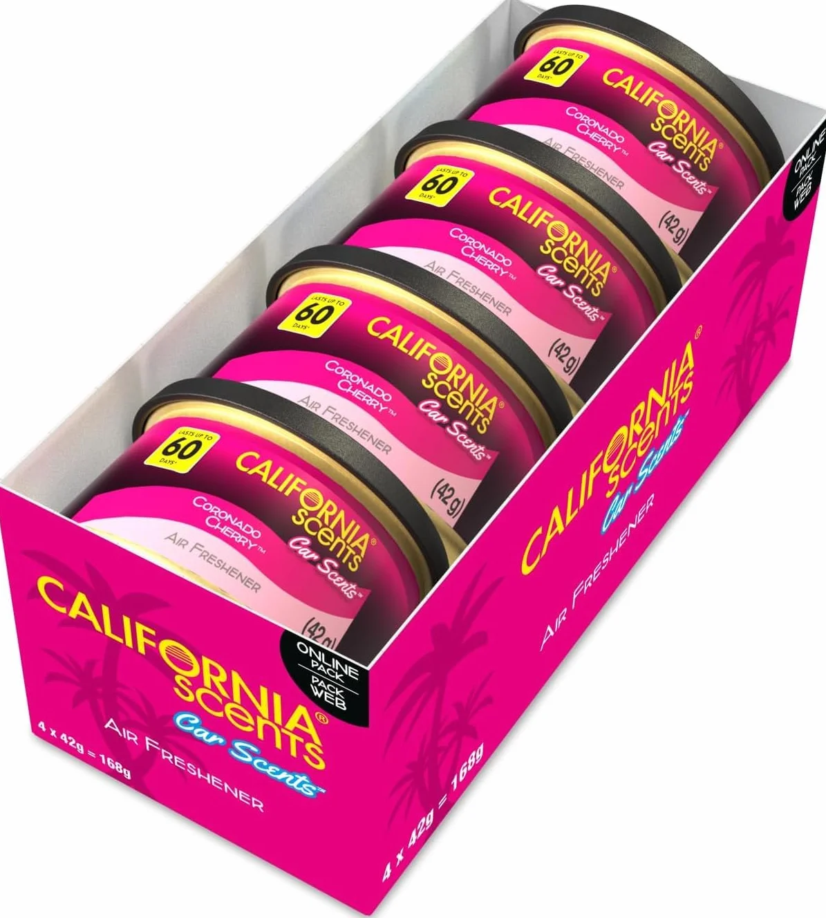 California Scents, Odświeżacze powietrza do samochodu, zapach wiśni Coronado, 4 sztuki, mocny, regulowany, długotrwały zapach, eliminuje nieprzyjemny zapach