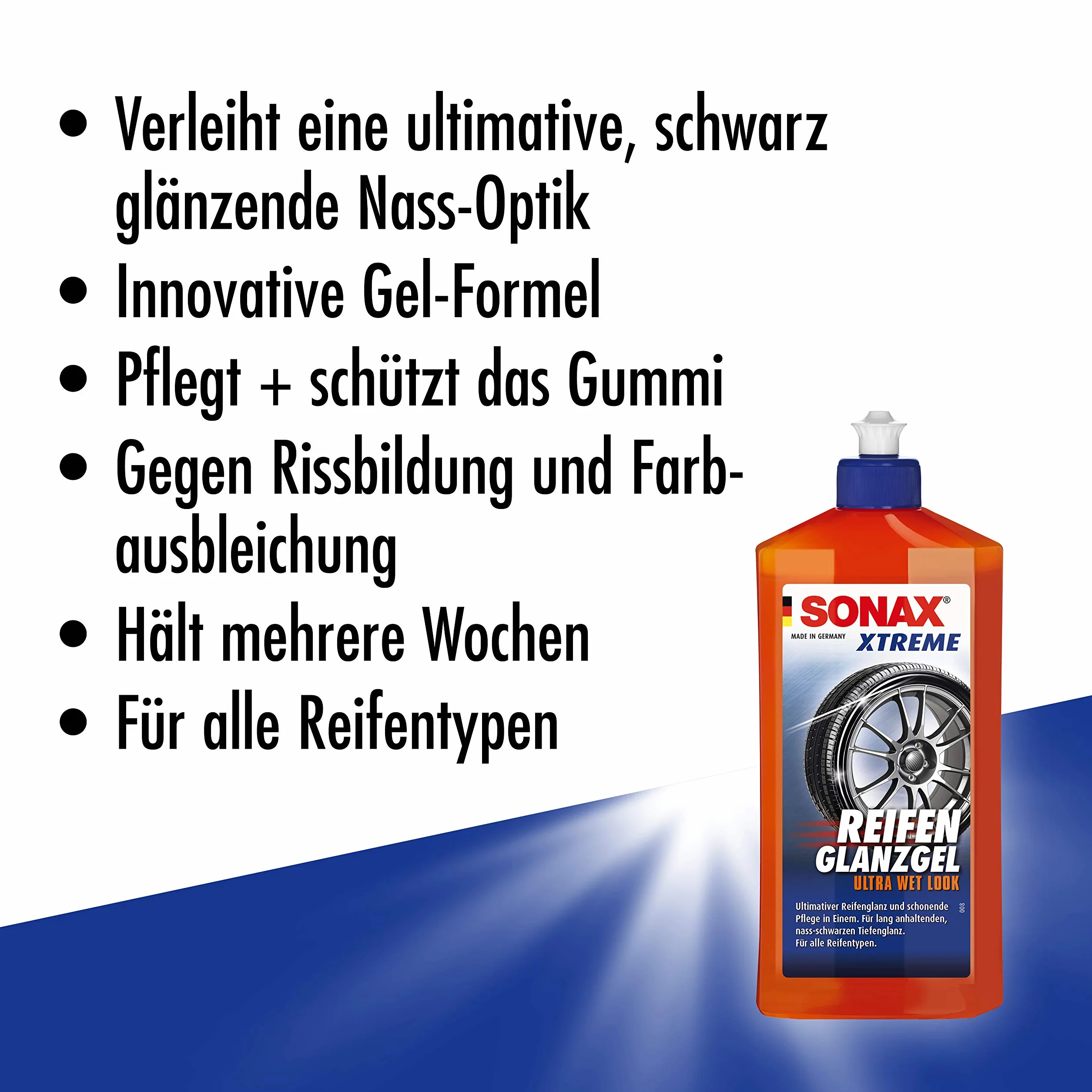 SONAX XTREME żel do polerowania opon (500 ml) pielęgnuje i chroni gumę i opony przed pękaniem i blaknięciem koloru, długotrwały połysk opon | nr art. 02352410