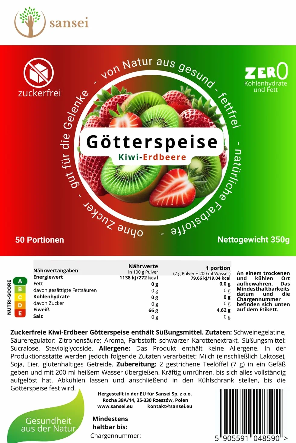 Sansei galaretka deserowa 350 g – do 50 porcji – Bez Cukru, Bez Glutenu, Bez Tłuszczu, Bez Węglowodanów, KETO (Truskawka-Kiwi)