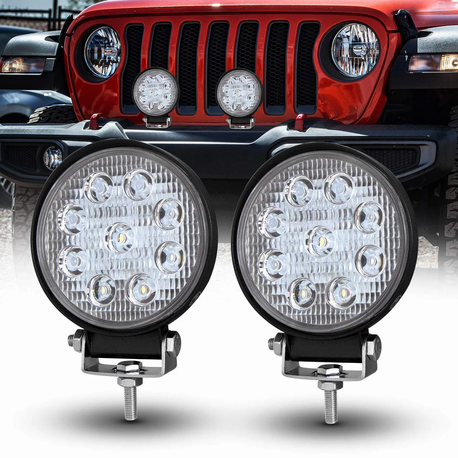 PICAA Reflektor LED 2PCS 4 cal 27W Okrągły LED Flood Light Ciągnik 12V-24V 6000K Reflektory LED do ciągników IP68 Wodoodporne światło przeciwmgielne Samochód,SUV, UTV, ATV,