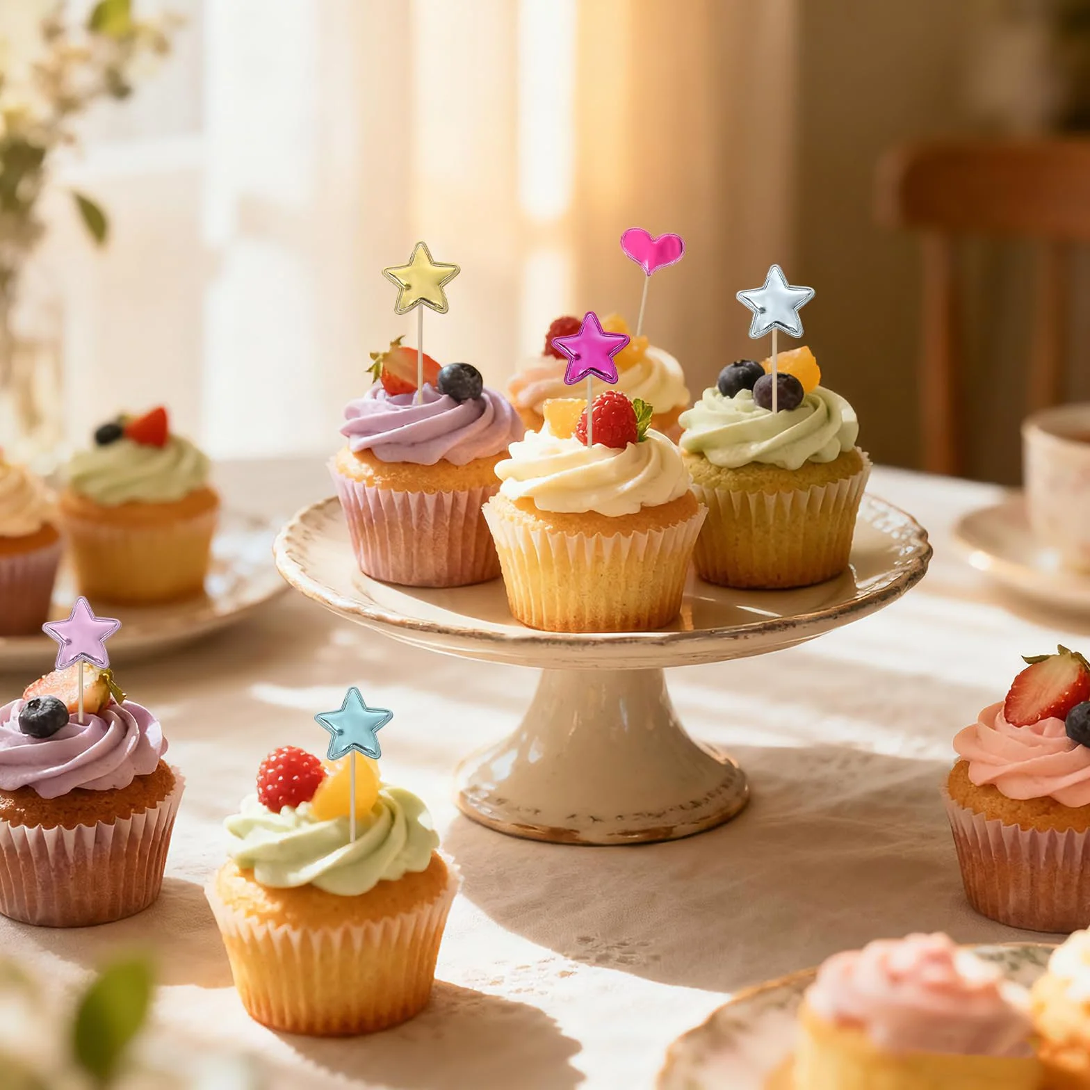 30 szt. brokatowych patyczków do babeczek w kształcie serca, kolorowe ozdoby na tort w kształcie serca i gwiazdy, urocze dekoracje imprezowe na urodziny, baby shower, artykuły imprezowe