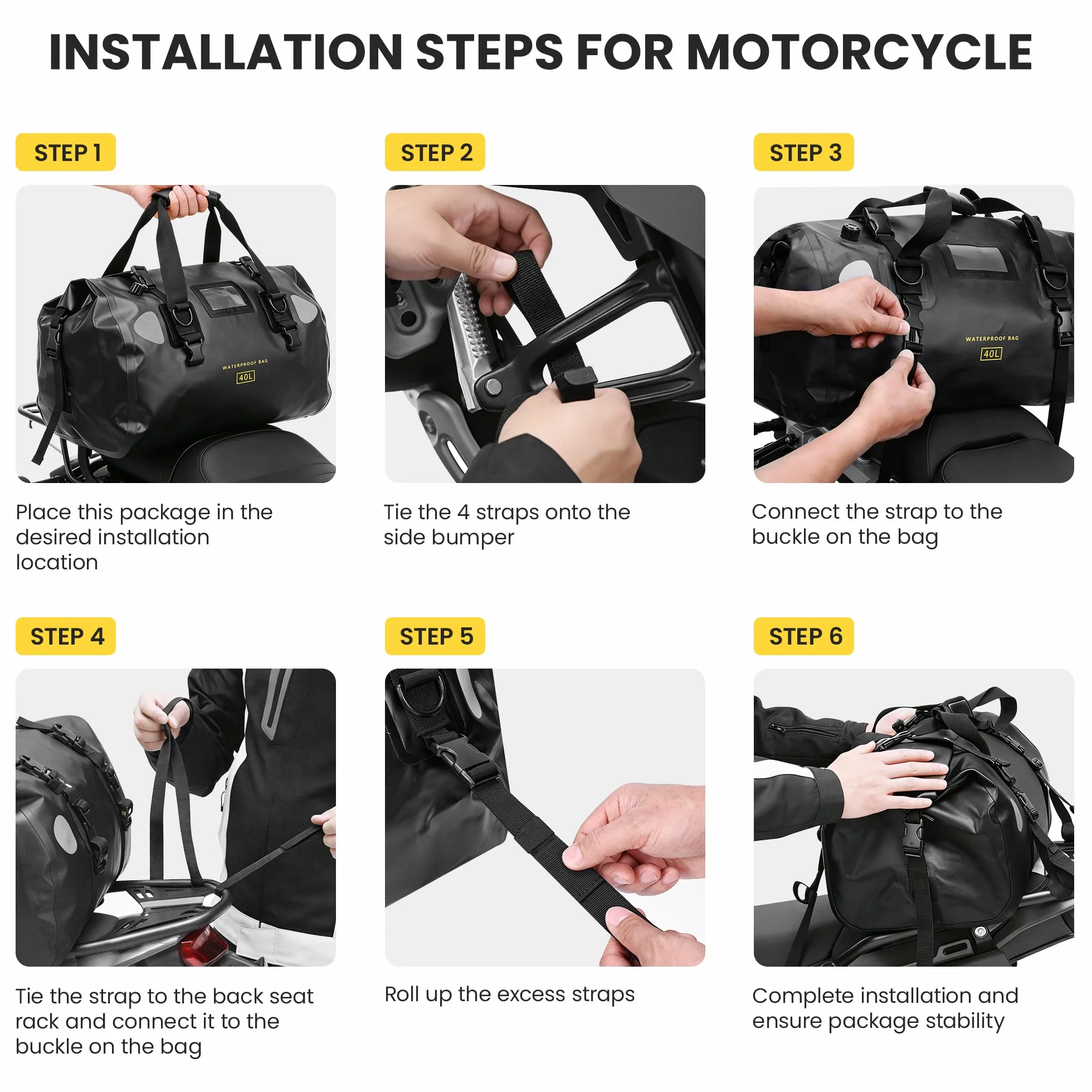 HOMIEE Torba motocyklowa na tylną torbę, 40 l, wodoszczelna, na bagażnik rowerowy, duża, z paskami szybkiego zamykania, na wycieczkę, kemping, motocykl, jazdę na rowerze, sportów wodnych (czarna)