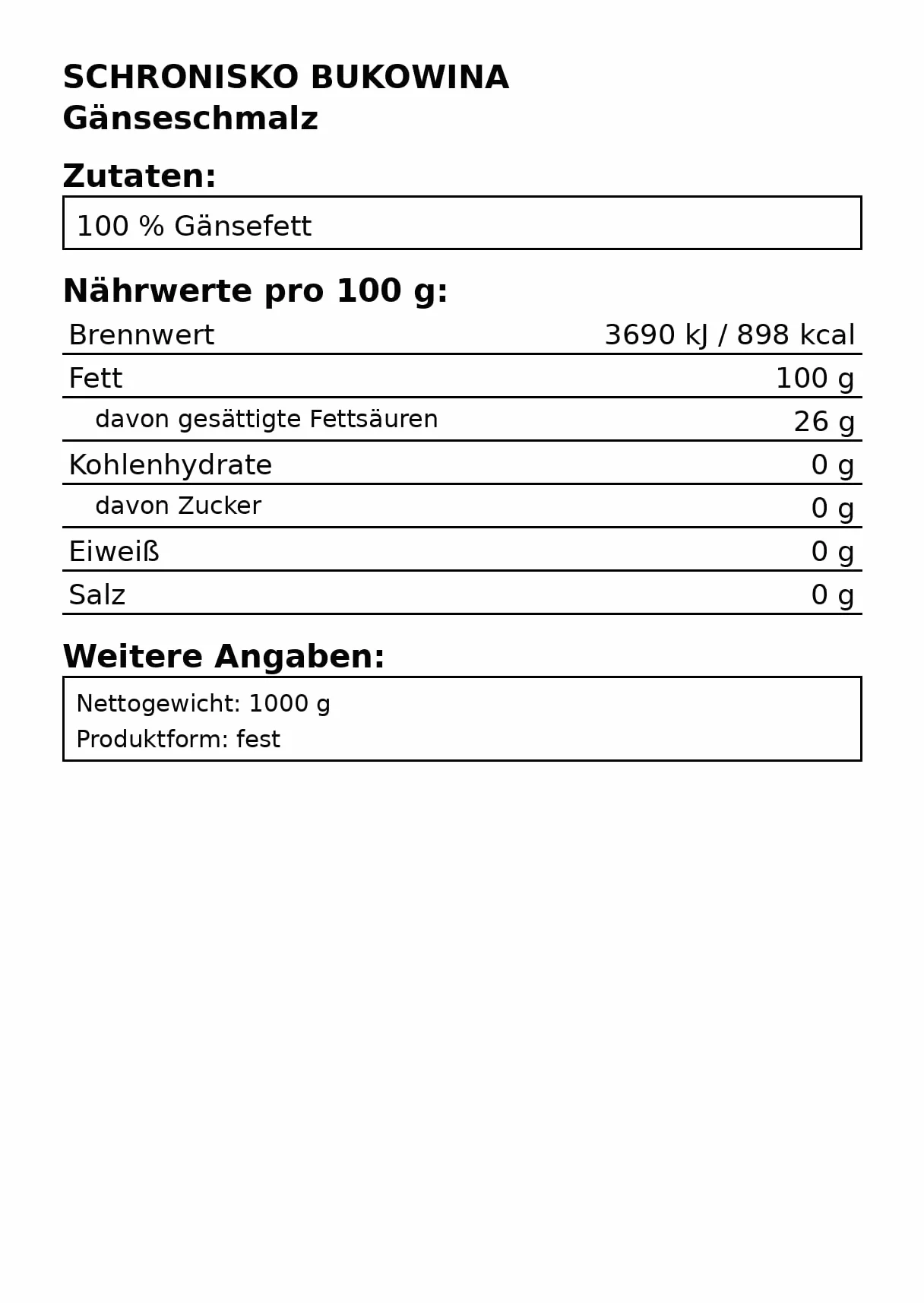 Schronisko Bukowina Smalec z Gęsi, 100% Tłuszcz Gęsi, Naturalny, 1 kg