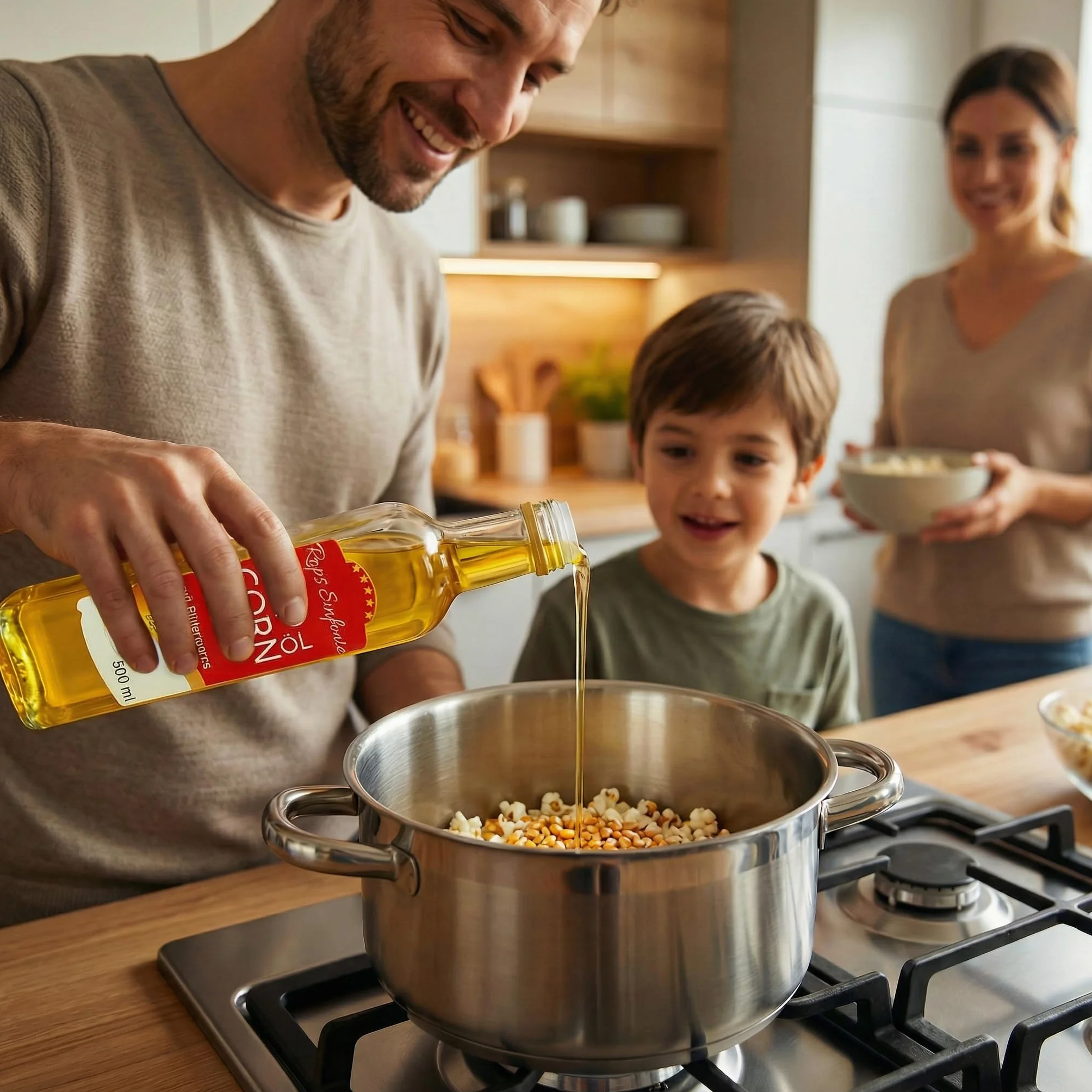 Hopser Food Fun 500 ml oleju do popcornu o delikatnym naturalnym smaku masła i praktycznym dzióbkiem do nalewania popcornu o smaku masła kukurydzianego nadającego się do podgrzewania tłuszcz symfonia rzepaku o smaku oleju z pestek winogron i masła