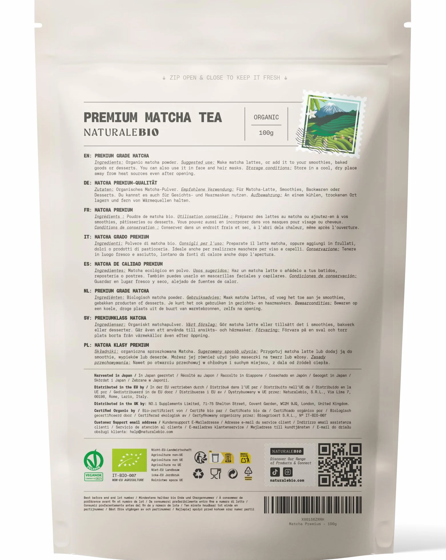 NaturaleBio Premium Matcha w Proszku - 100% Organiczna Japońska Herbata Zielona USDA - 113g (4oz) - Ceremonialny Gatunek dla Smoothie, Latte, Wypieków