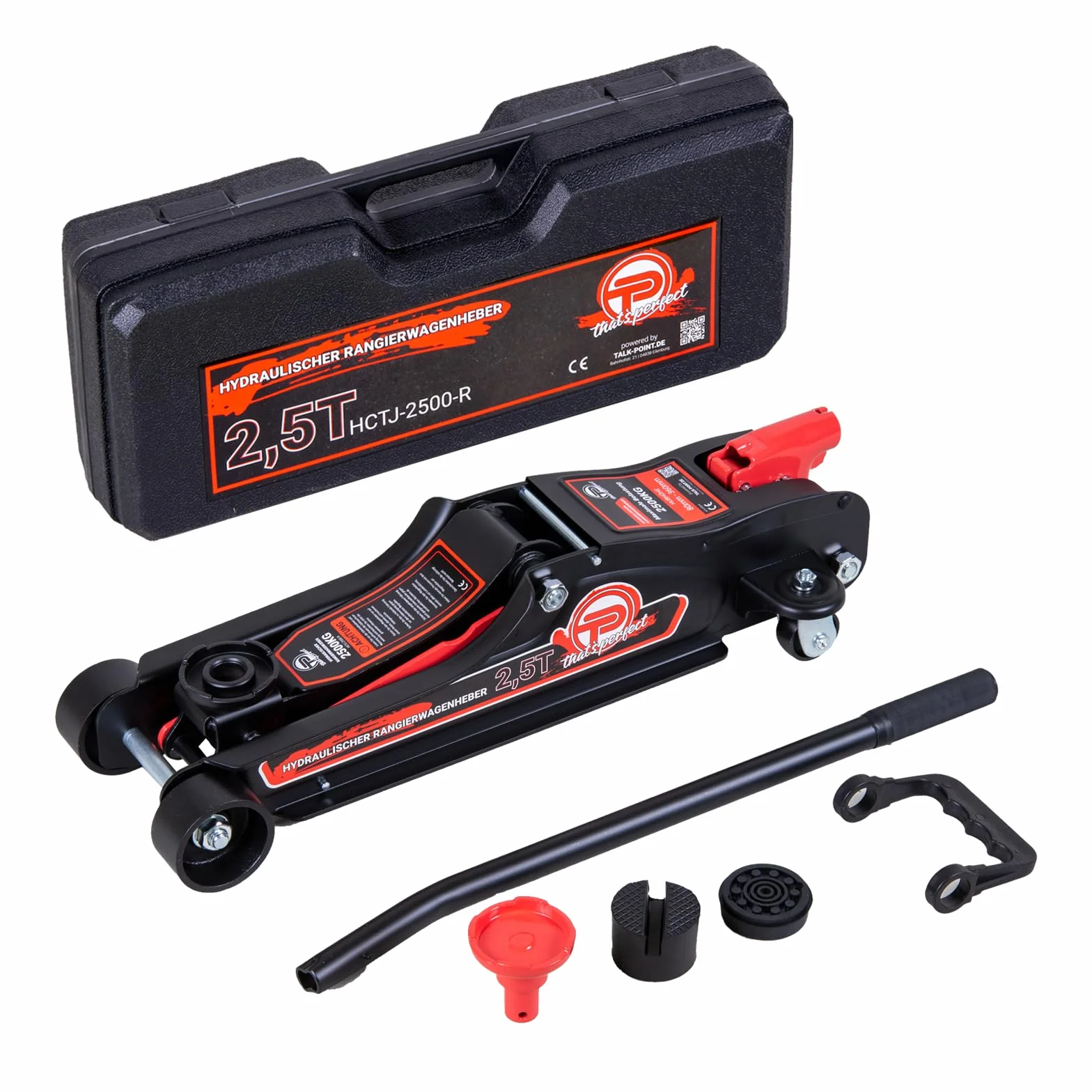 Hydrauliczny podnośnik samochodowy, 2,5 t, płaska wersja, 80 mm – 360 mm, niski profil w zestawie walizka + adapter SUV + 2 x gumowa nakładka, hydrauliczny podnośnik samochodowy, kółka 360° (czerwony)