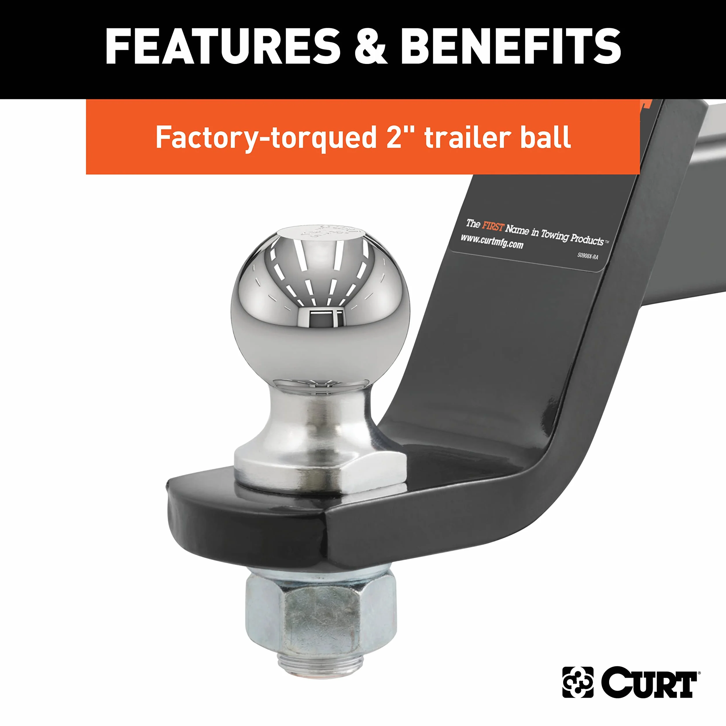 CURT 45056 Trailer Hitch Mount with 2-Inch Ball & Pin, Fits 2-In Receiver, 7,500 lbs, 4-Inch Drop, Gloss Black Powder Coat