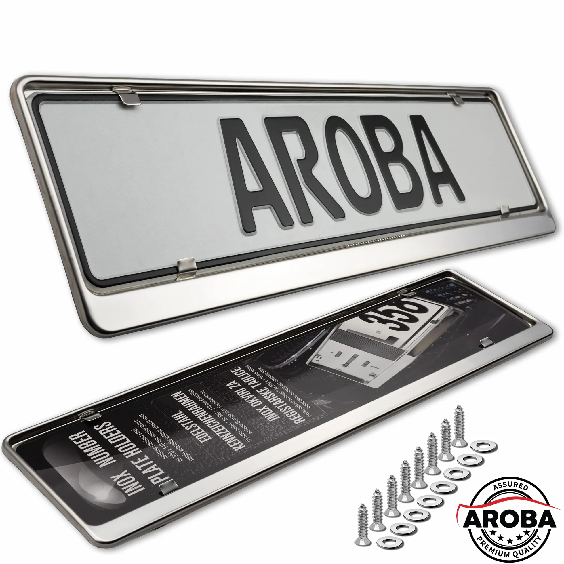 AROBA 2 x uchwyt tablicy rejestracyjnej premium, 100% polerowana stal nierdzewna, produkt przeznaczony na rynek austriacki i słoweński (wymiary 520 mm x 120 mm), ramka ze stali nierdzewnej INOX, V2A