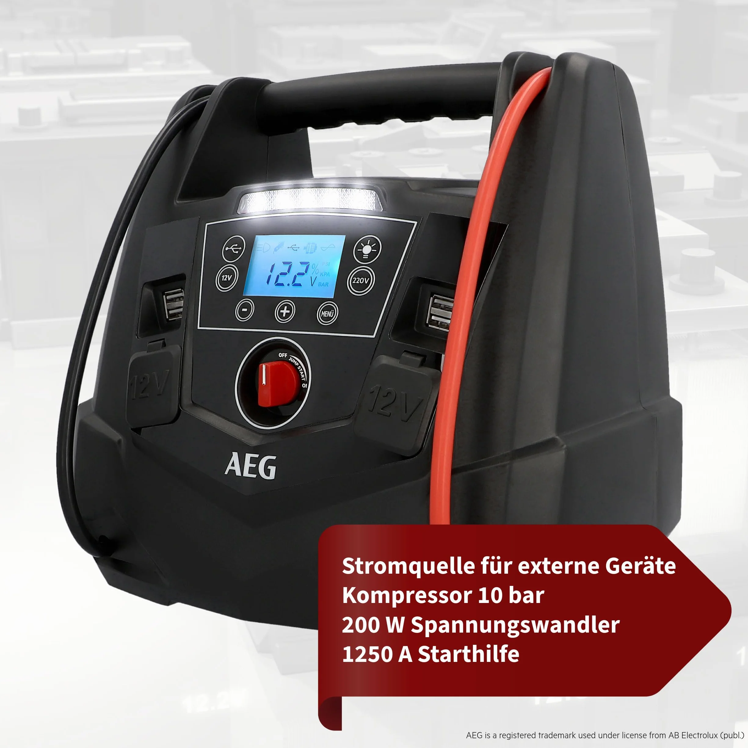 AEG Przenośna stacja energetyczna 12 V, urządzenie ułatwiające rozruch, stacja zasilająca ze sprężarką powietrza, przetwornica napięcia 220 V, gniazdko z 4 USB, kompatybilna z samochodami osobowymi,