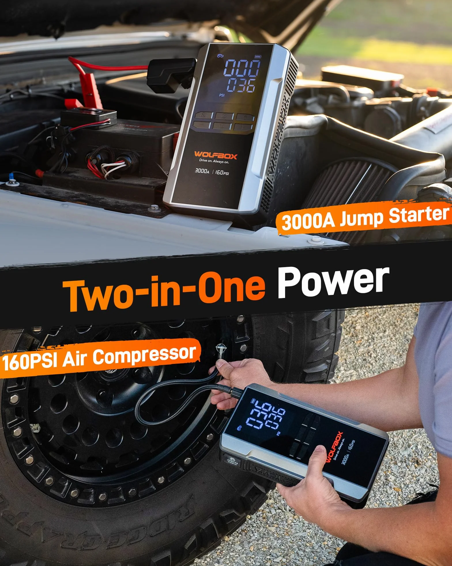 WOLFBOX Rozrusznik skokowy 3000 A 16000 mAh 160 PSI 65 W 12 V z sprężarką powietrza