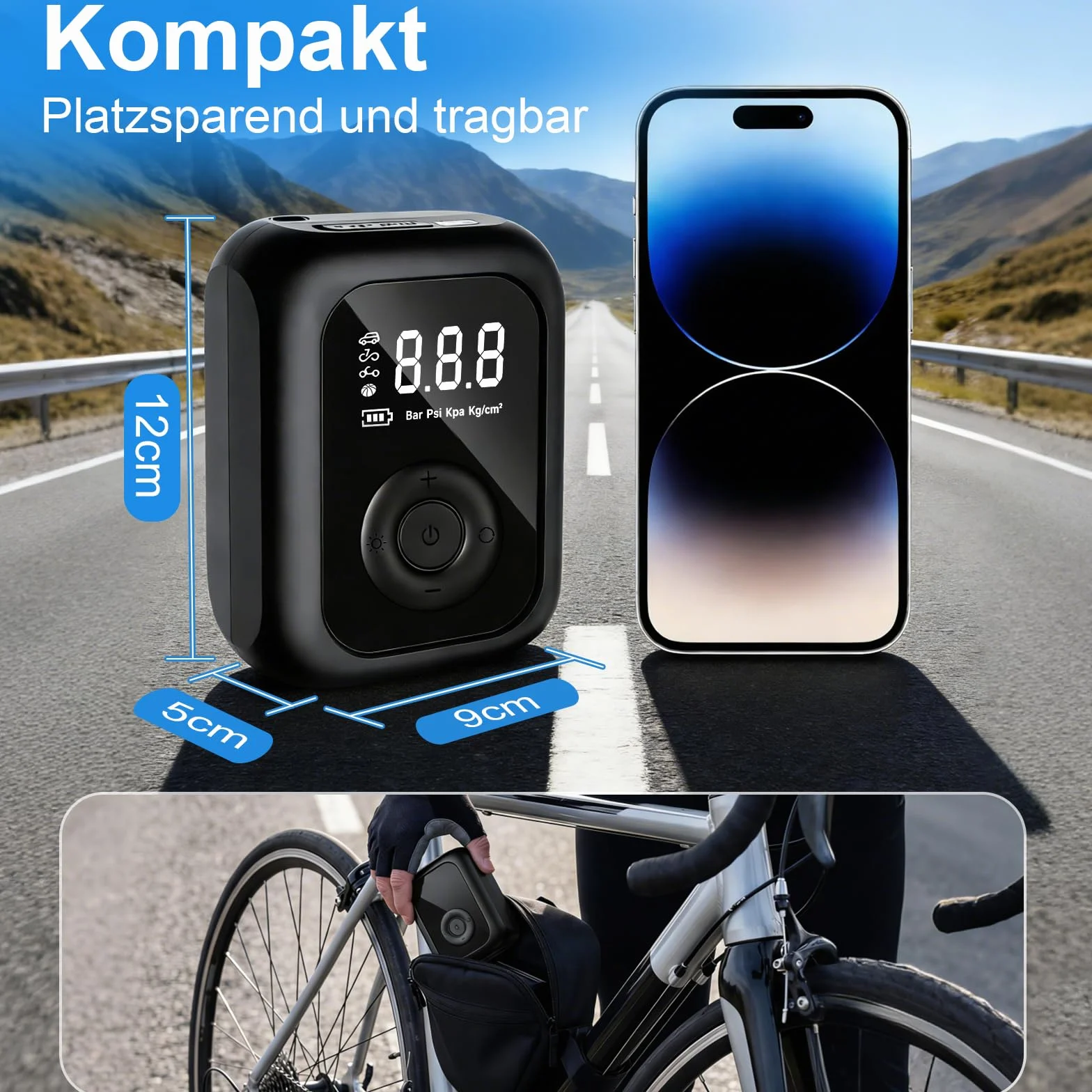 Przenośna sprężarka powietrza, 150 PSI, elektryczna pompka rowerowa, mini kompresor rowerowy z cyfrowym wyświetlaczem LED i oświetleniem LED, przenośna pompka elektryczna do rowerów, samochodów i
