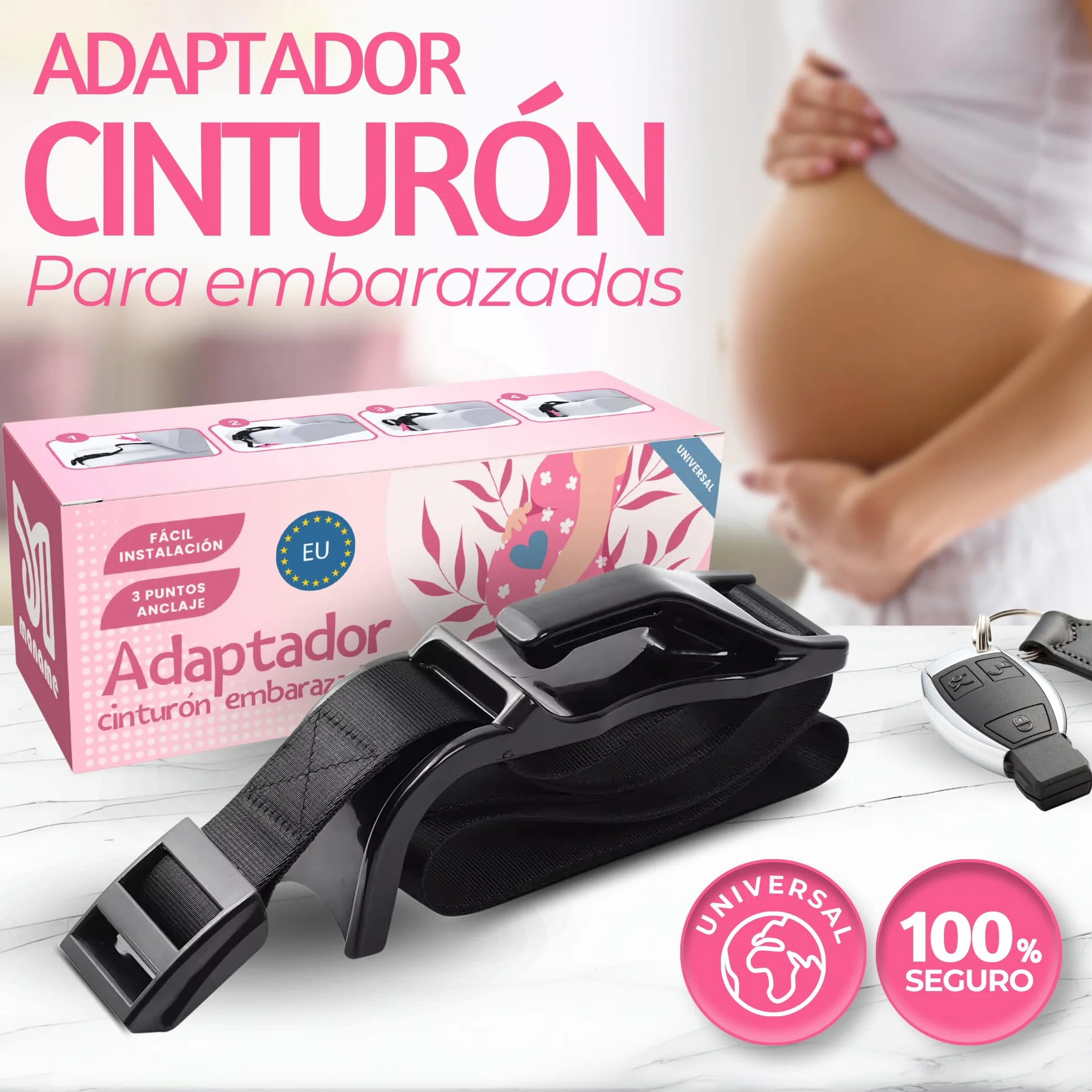 Maname® Pas ciążowy z homologacją samochodu ciężarnego. Adapter pasa ciążowego - Prezenty w ciąży - Pas w ciąży chroni Twoje dziecko w samochodzie przed wstrząsami, naciskiem i ryzykiem