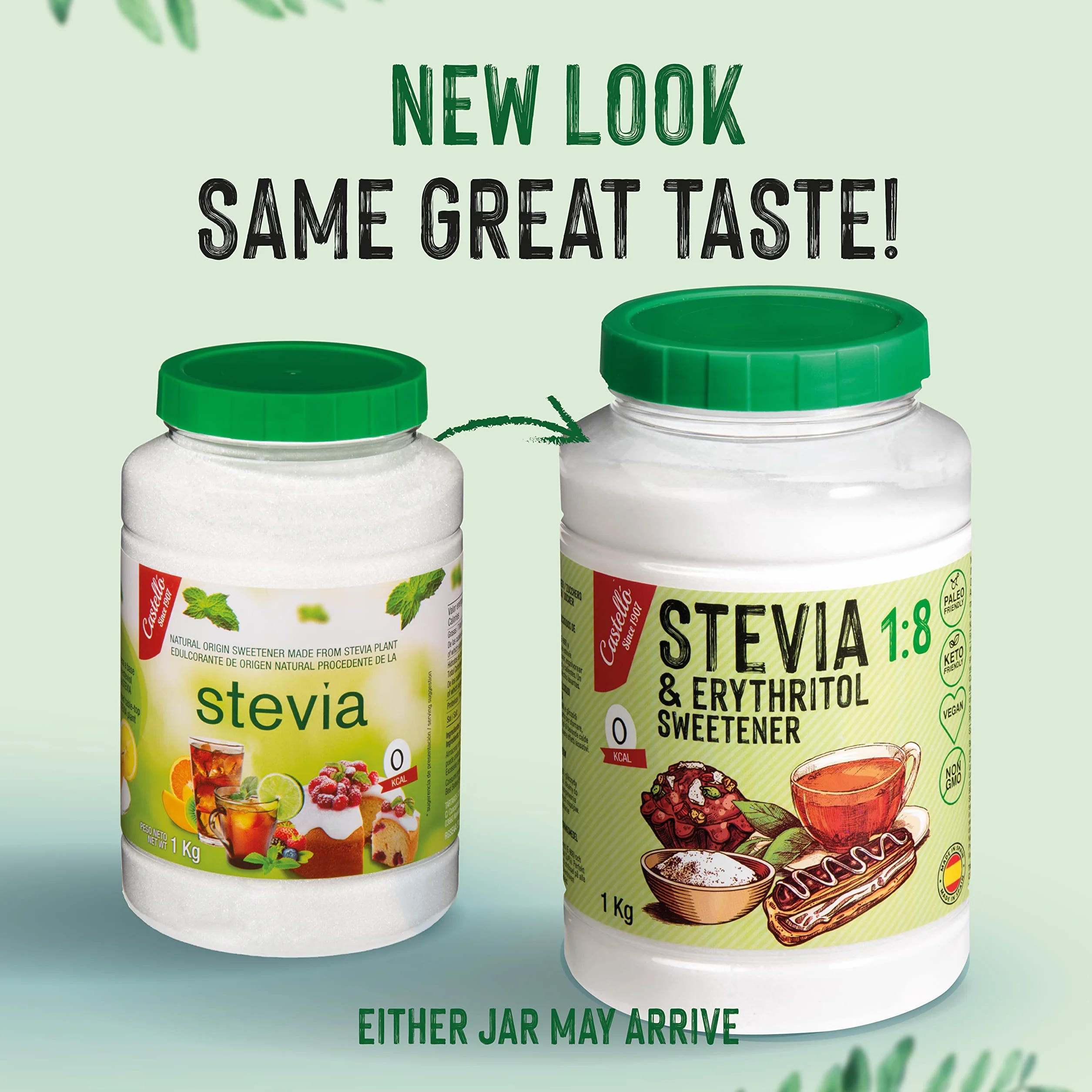 Słodzik Stevia + Erytrytol 1:8 | 1g = 8g cukru | Słodzik o 100% naturalnym smaku - 0 Kalorii - 0 Indeks Glikemiczny - Keto i Paleo - 0 Węglowodanów Netto - Bez GMO - Castello since 1907-1 kg | 1 g = 8 g cukru, 100% naturalny smak, 0 kalorii, 0 indeks glik