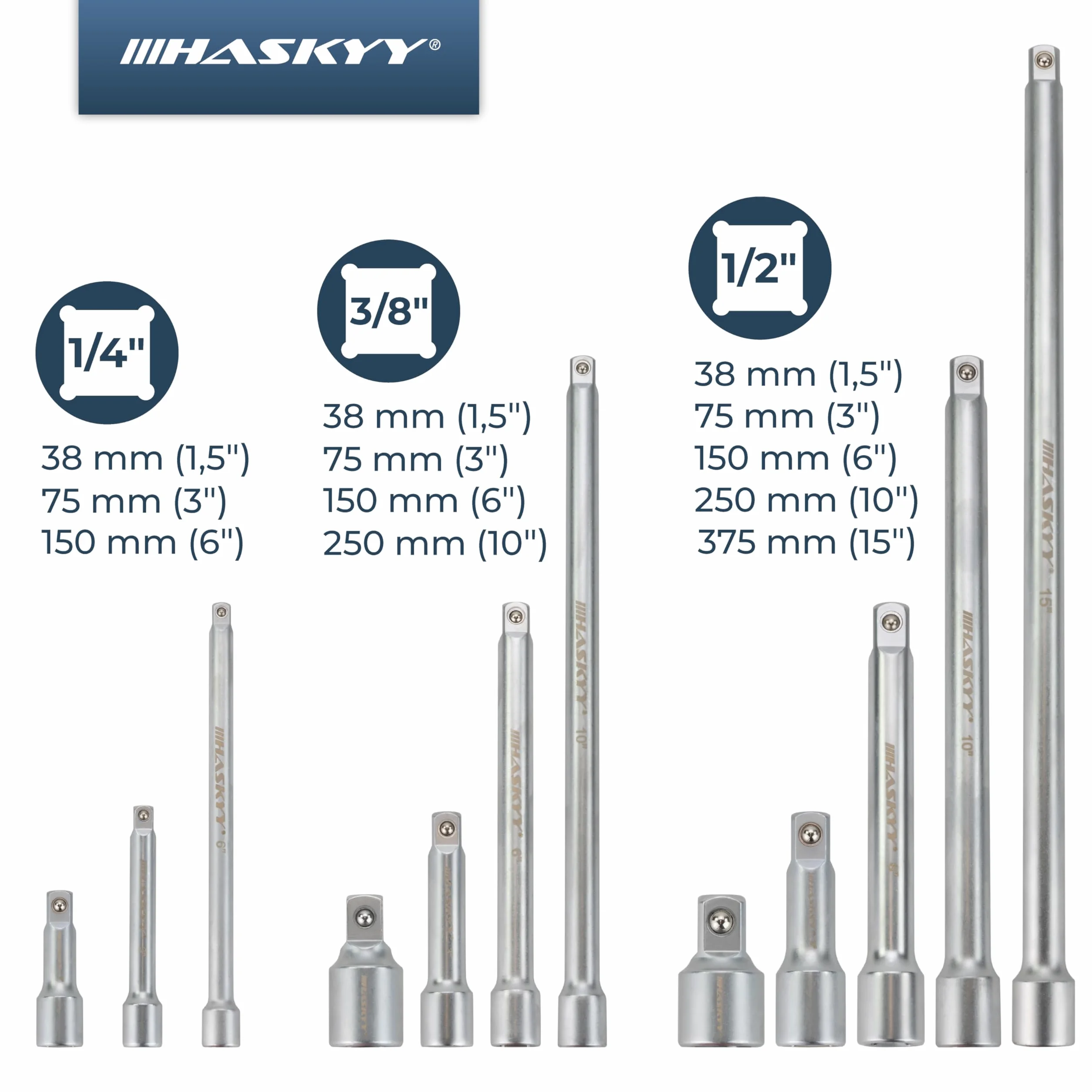 HASKYY Zestaw nasadek nasadowych 1/4 3/8 1/2 cala z grzechotką, przedłużacz, adapter, przegub kardanowy, świece zapłonowe, zestaw elementów łączących do samochodów i przemysłu