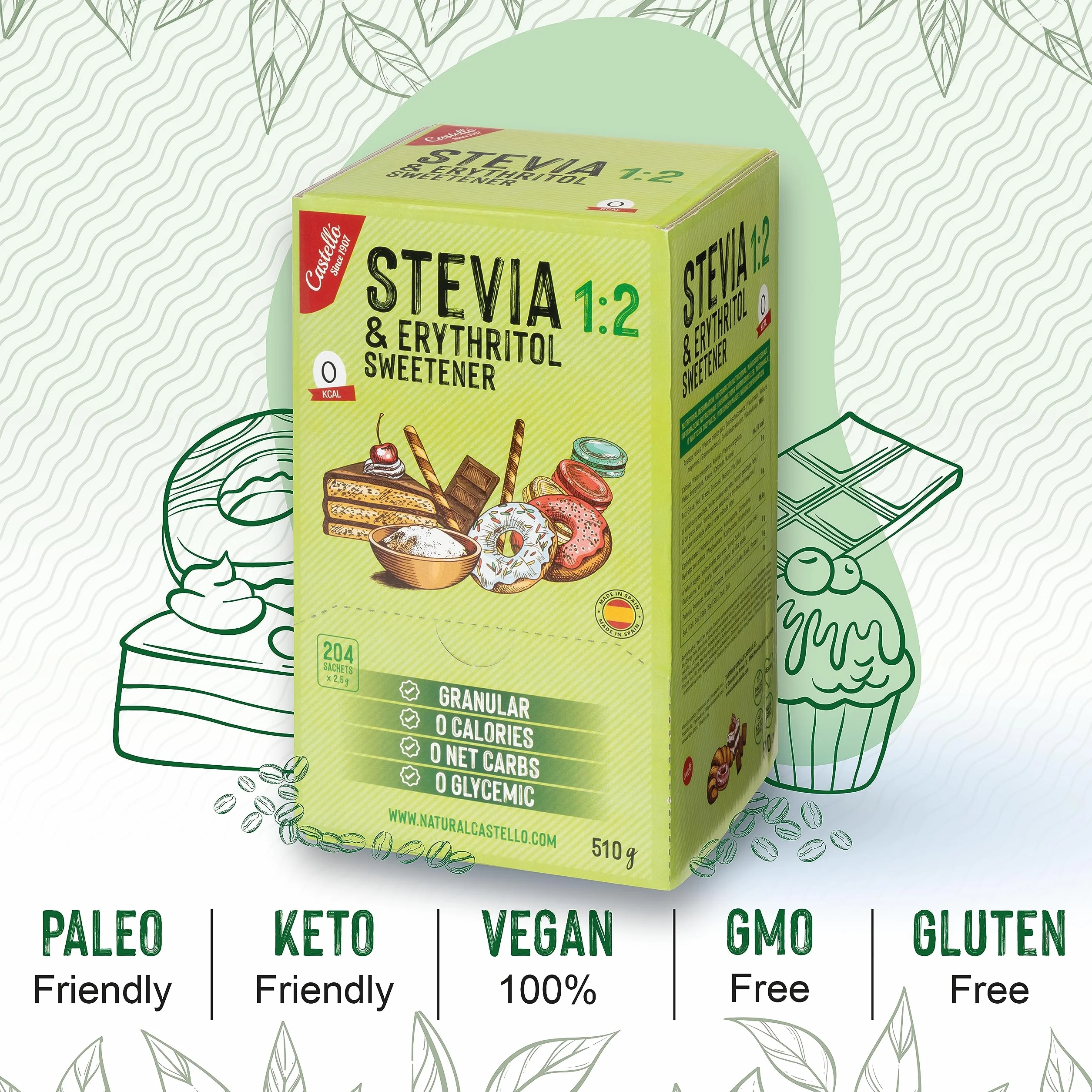 Castello Słodzik Stevia Erytrytol 1:2 204 saszetki 2,5g 0 Kalorii Keto Paleo Bez GMO